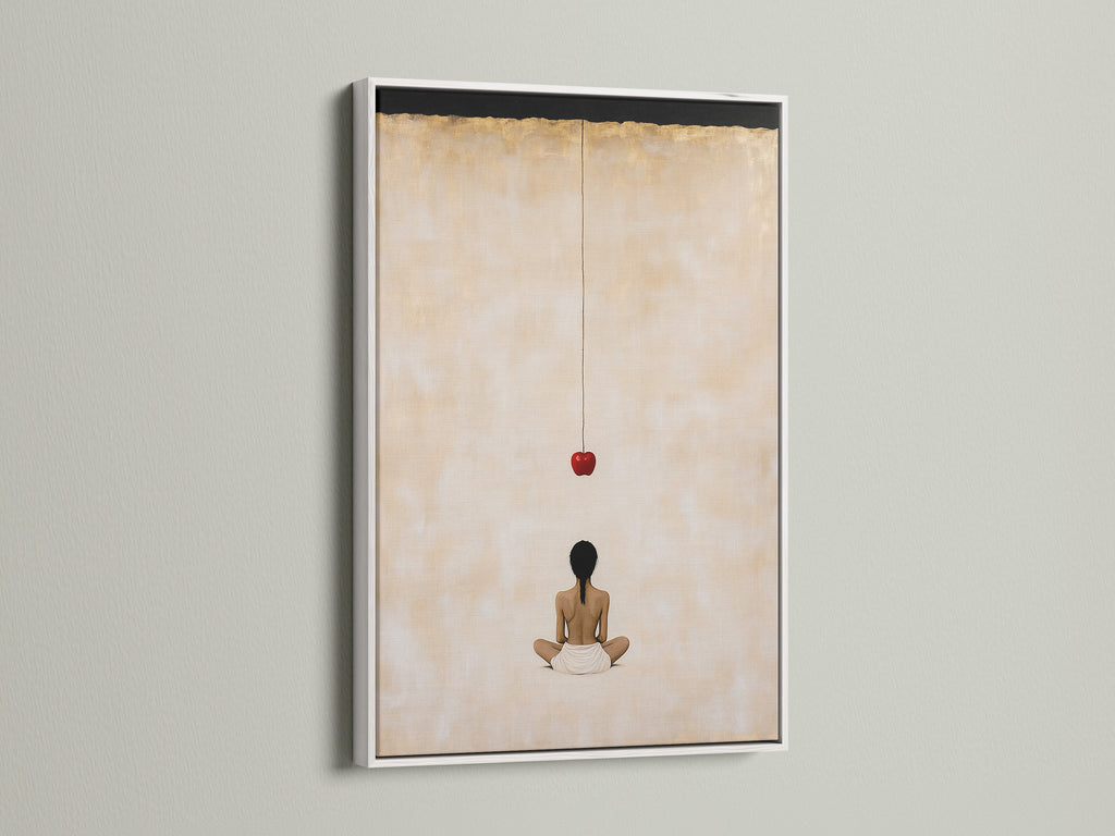 A white frame enhances this serene Zen Buddha wall art. This spiritual decor complements any yoga studio. The minimalist art promotes mindfulness and meditation. Its clean lines offer a contemporary touch.