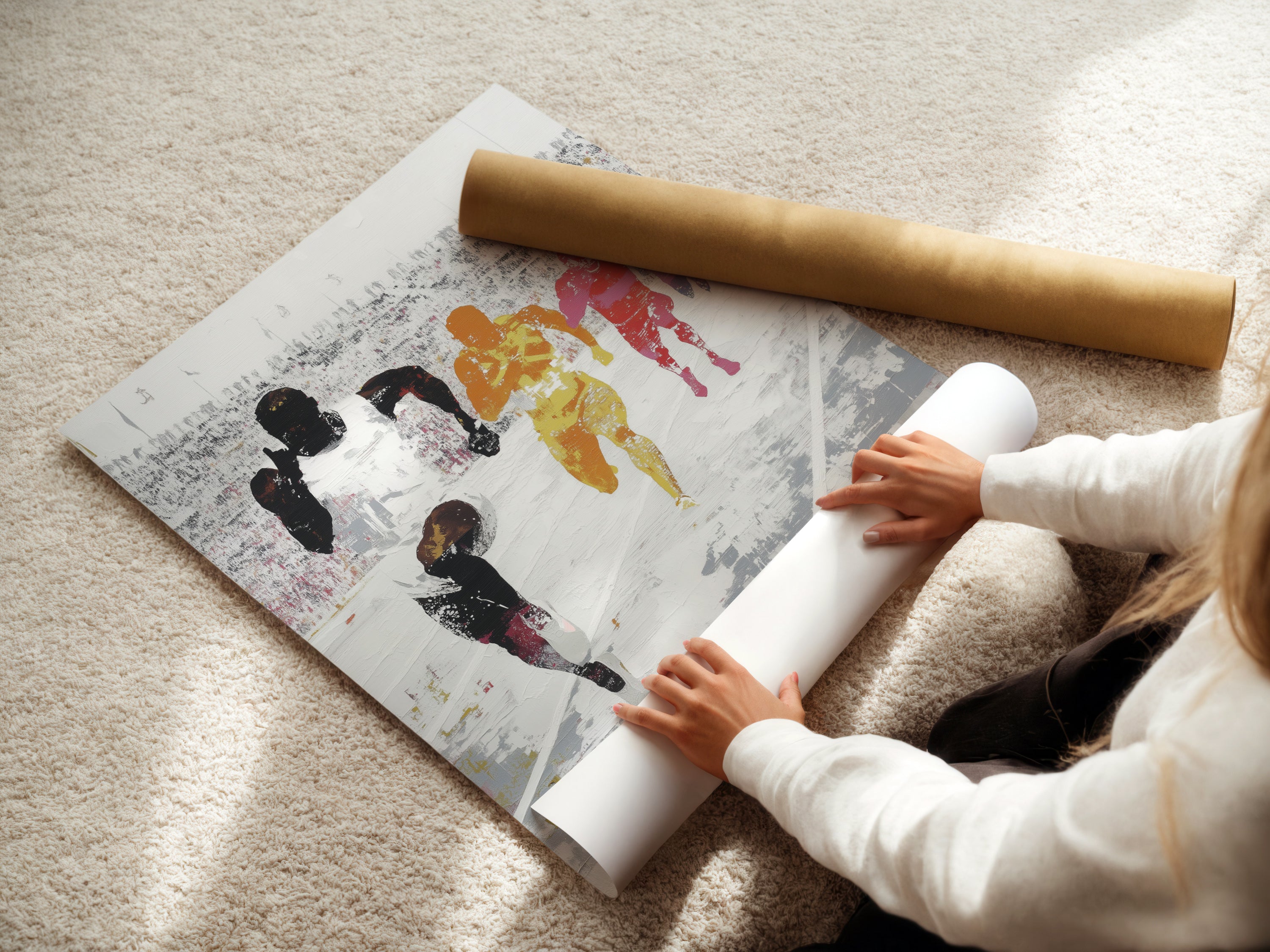 A woman is carefully rolling a fine art poster paper print. She is preparing the Marathon Runners artwork for shipping. This image highlights the care and quality of our fine art prints. Perfect for collectors and art enthusiasts.