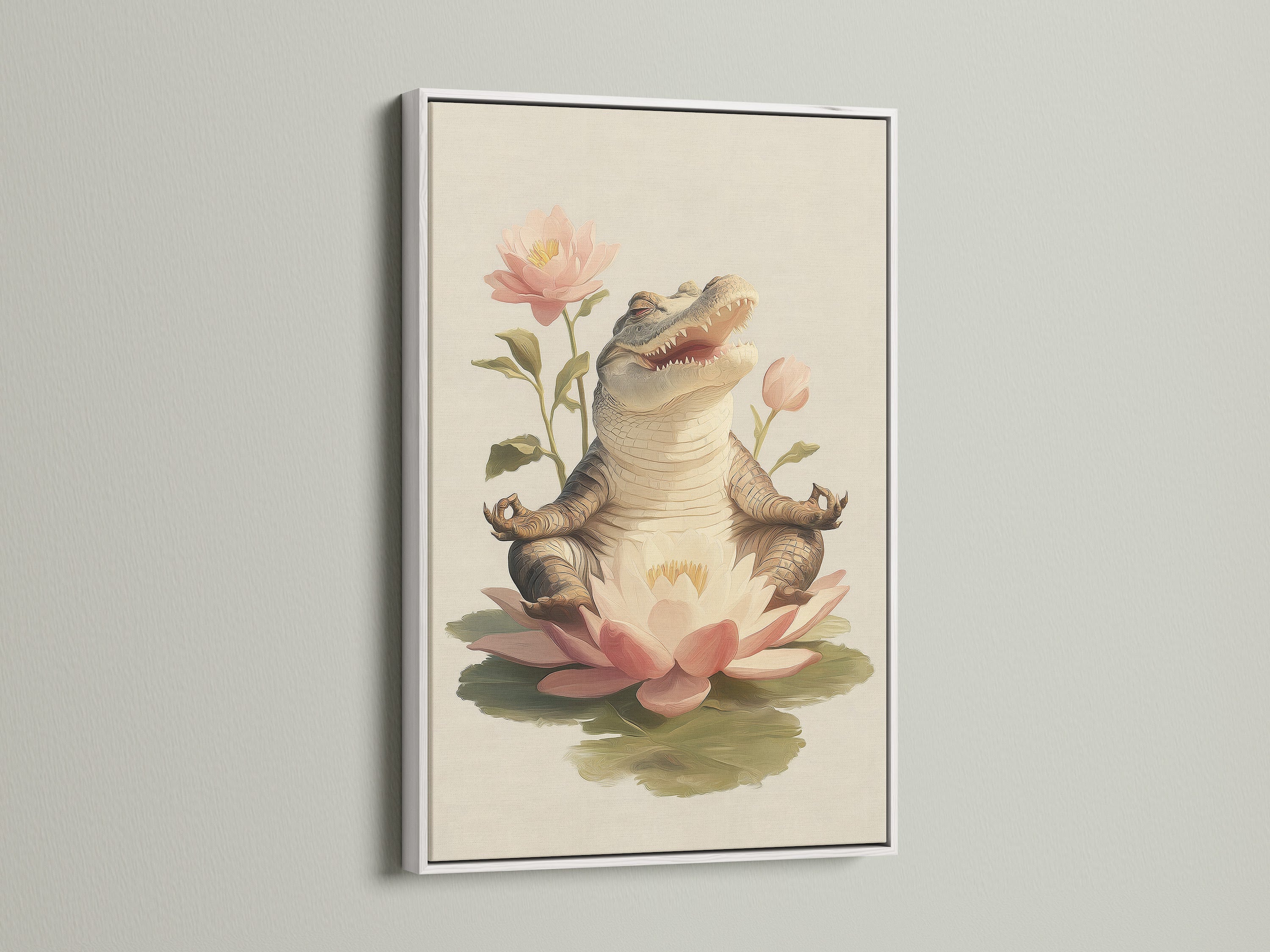 Zen Alligator art print with a white frame. The artwork features an alligator meditating on a lotus flower. The white frame provides a clean look. This whimsical art is perfect for a meditation room or yoga studio decor.