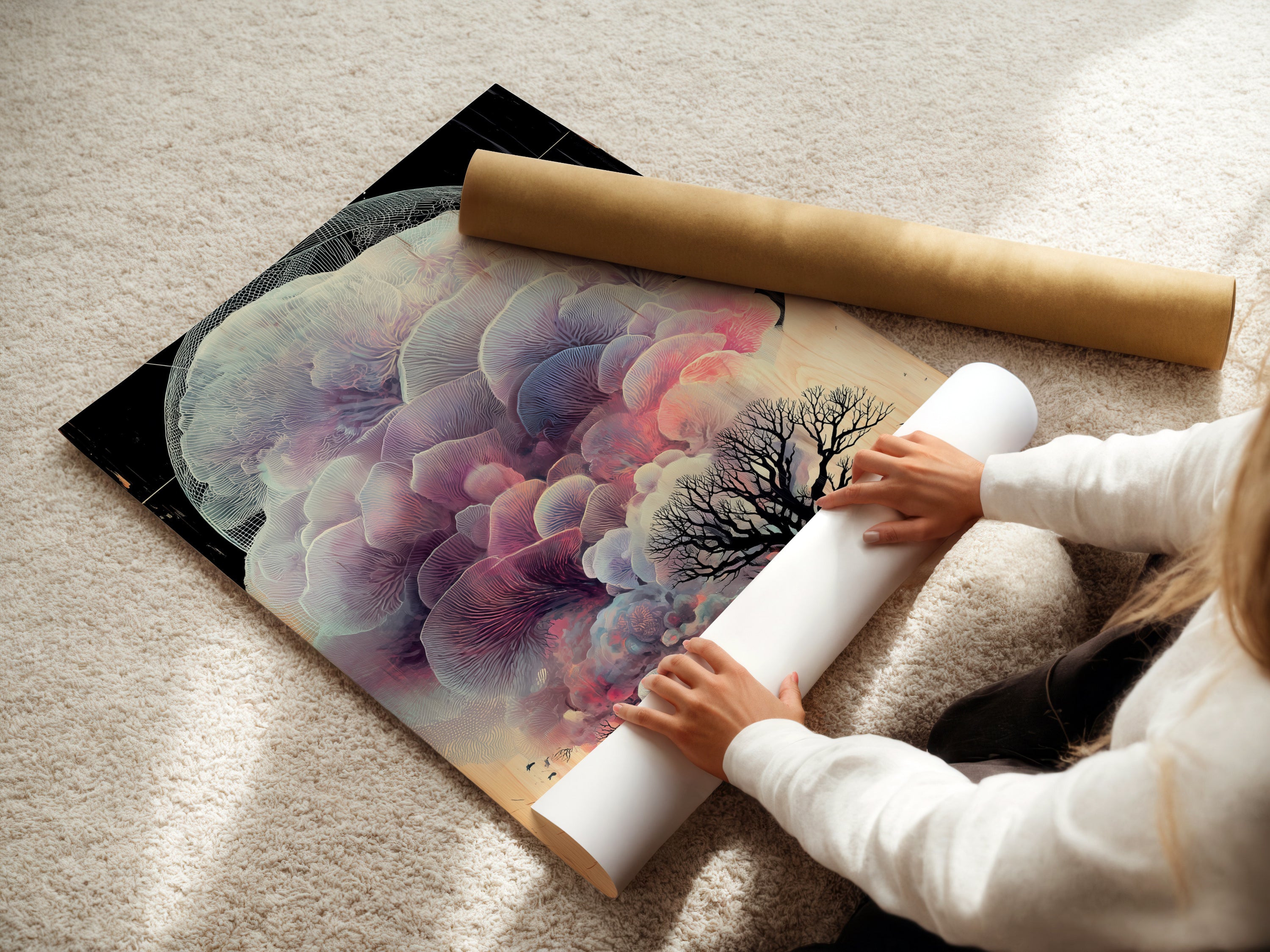 This image shows a woman carefully rolling a fine art poster paper. The poster features a surreal landscape artwork. It includes an ethereal tree. The process highlights the care and quality of fine art printing. Ideal for homeowners and designers seeking unique artwork for modern spaces. Perfect art for meditation.