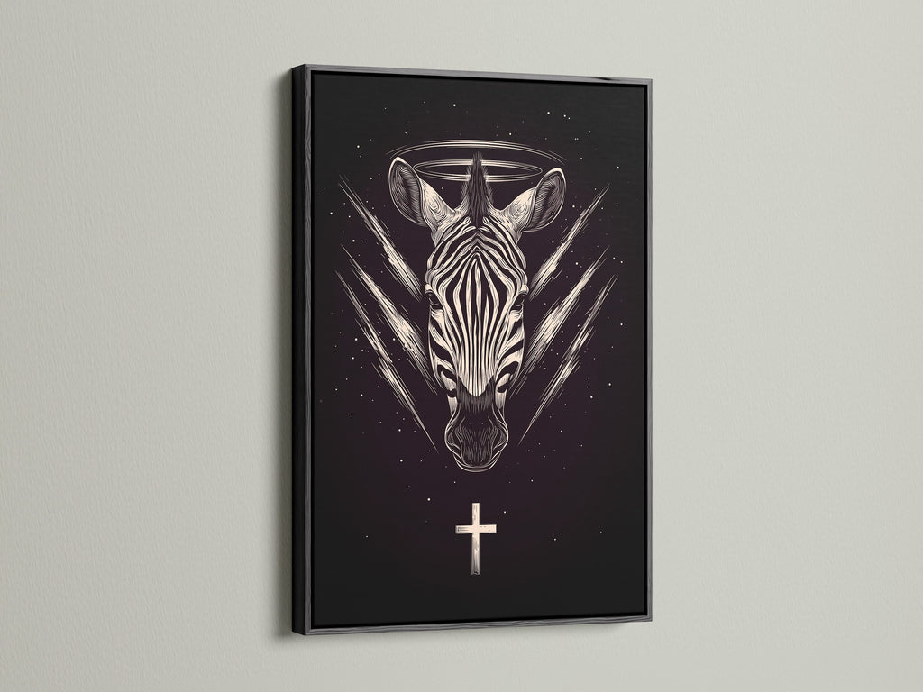 Zebra Celestial artwork with a black frame. This gothic animal wall art features sacred geometry. The black frame complements the dark wall decor. Perfect for creating a gothic home decor aesthetic. This spiritual art piece is unique.