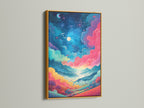 The fantasy landscape artwork is showcased in a gold frame. The colorful sky wall art brings a whimsical feel. The artwork features pink teal and yellow clouds. The art is displayed on a white wall. The gold frame adds a luxurious touch.