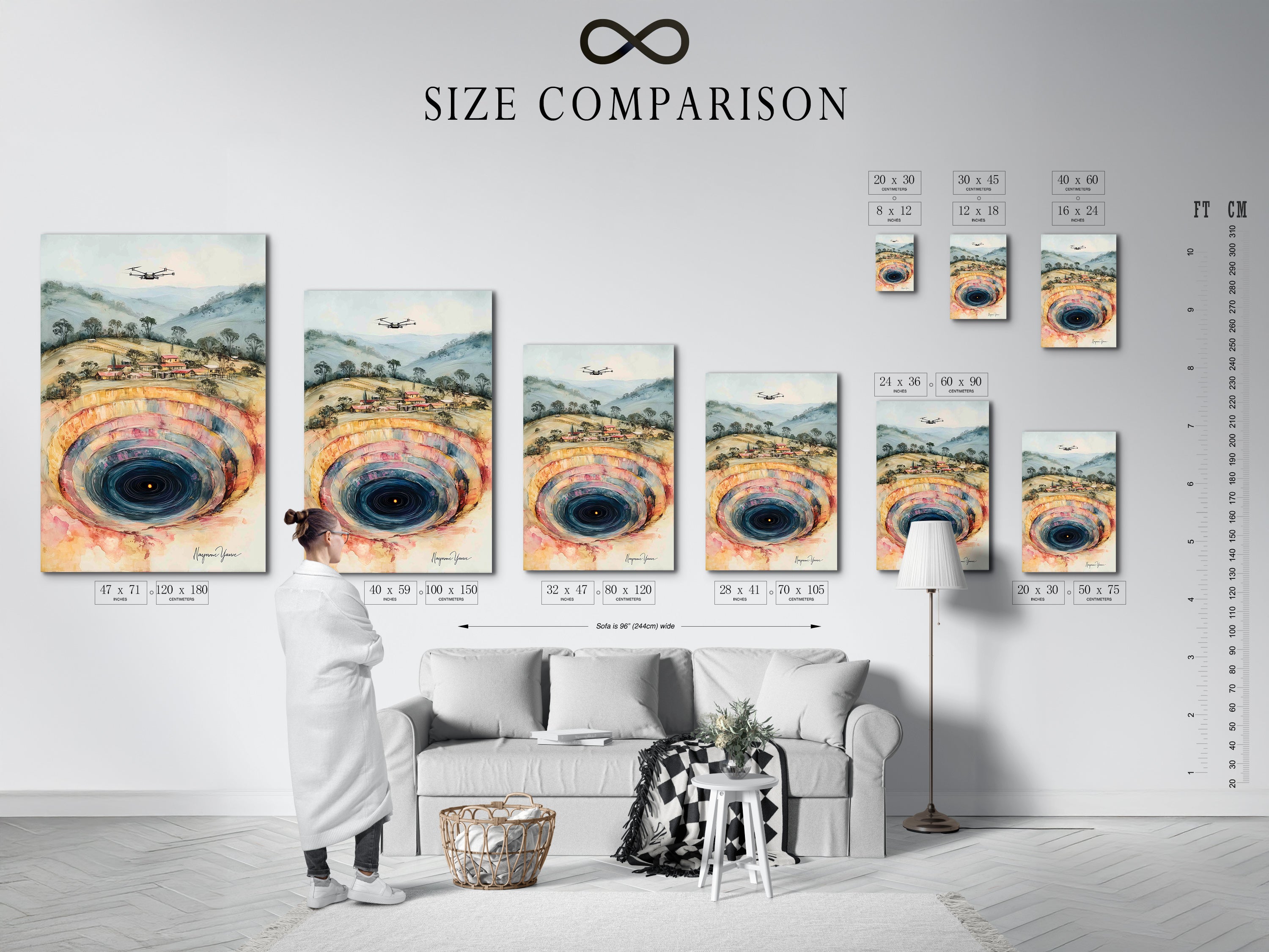 Size comparison chart displayed in an interior setting. The chart shows various sizes of the Abstract Mine artwork. You can visualize the perfect fit for your space. Options include canvas prints and framed posters. Find the ideal size for your home or office.