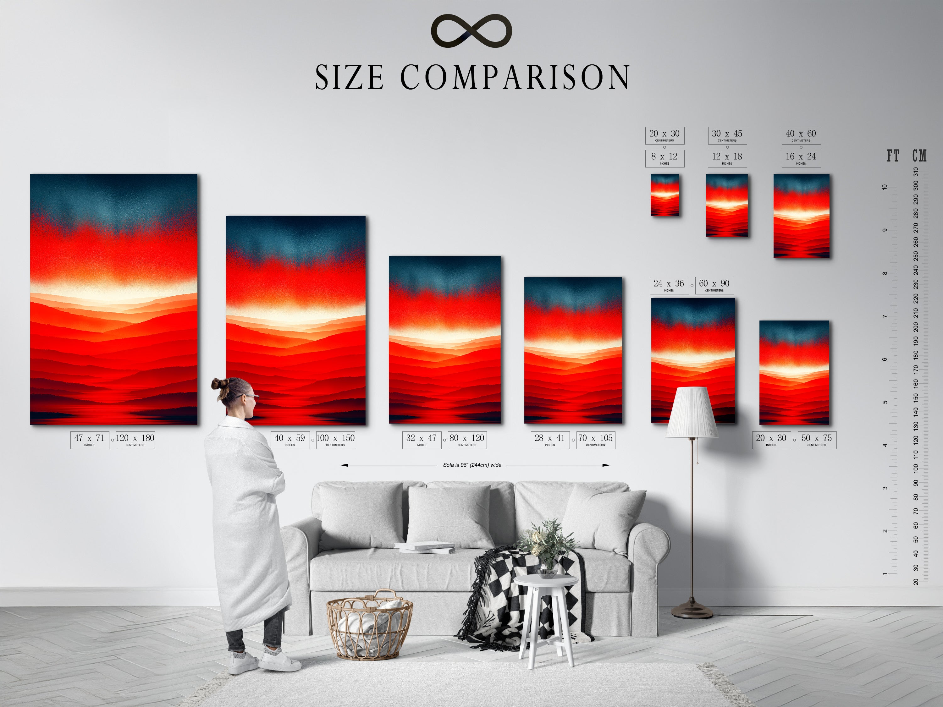 A size comparison chart is displayed in an interior setting. It showcases the abstract sunset artwork. See how the red orange mountain landscape fits in different spaces. Modern wall art options.