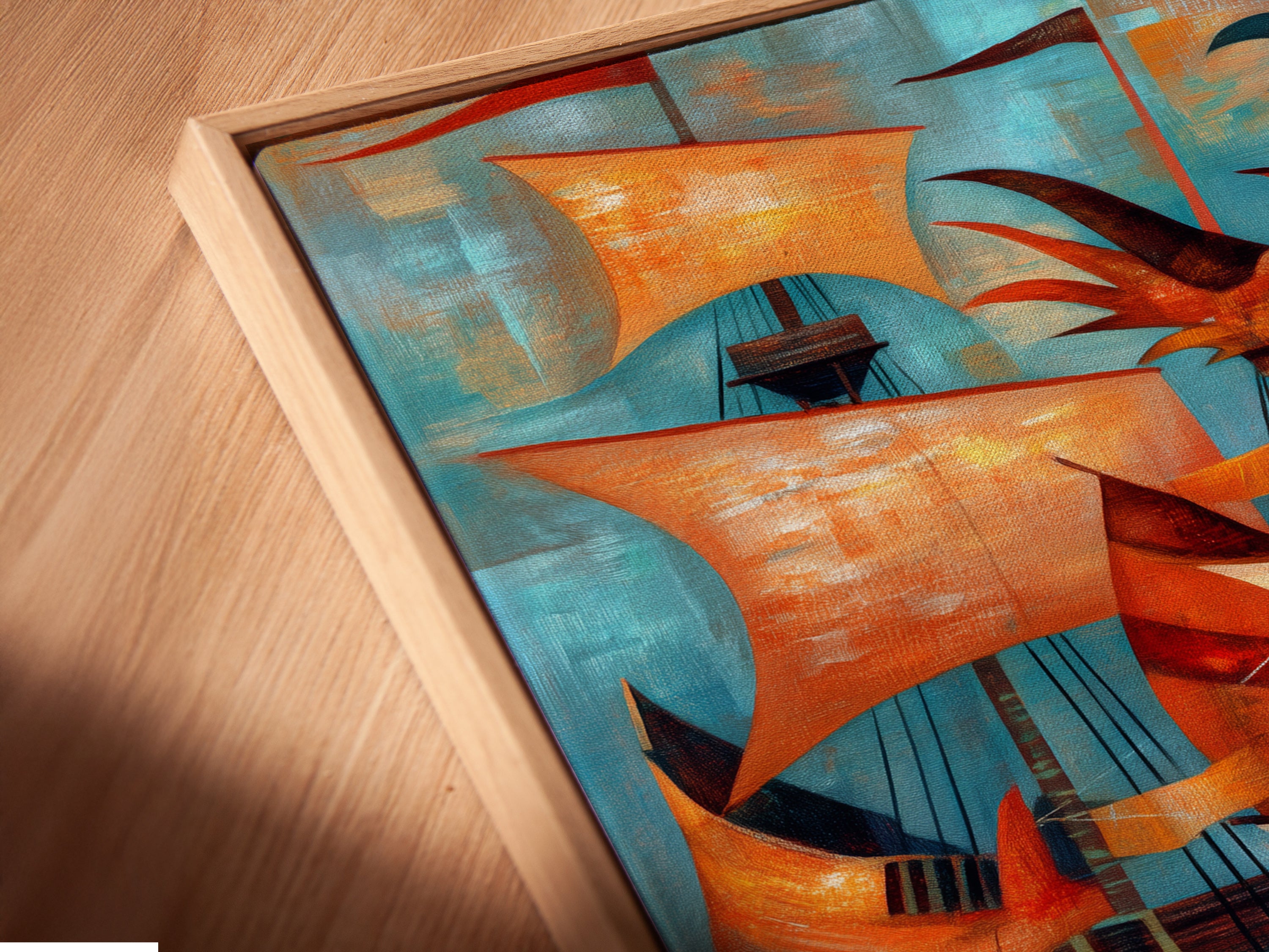 Close-up of a canvas print in a floating frame. This nautical artwork features vintage ships in teal and orange. Ideal for coastal modern or eclectic decor. Perfect for living rooms bedrooms or offices. Explore framed art options.
