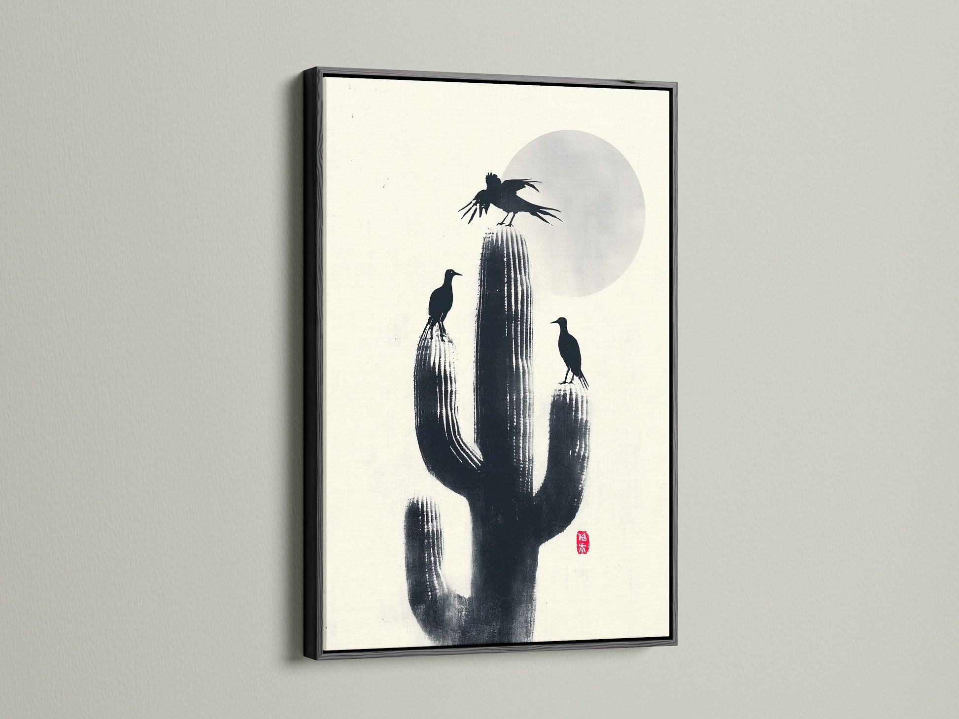 Cactus Birds silhouette art in a black frame. Southwestern decor enhances any study room. The monochrome print features a cactus and birds. This nature canvas is a minimalist statement piece for your home.