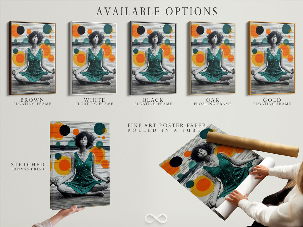 Available options for Boho Yoga Canvas Wall Art. Choose between stretched canvas print fine art poster paper or floating frame. Find the perfect format for your meditation art and spiritual wall decor.