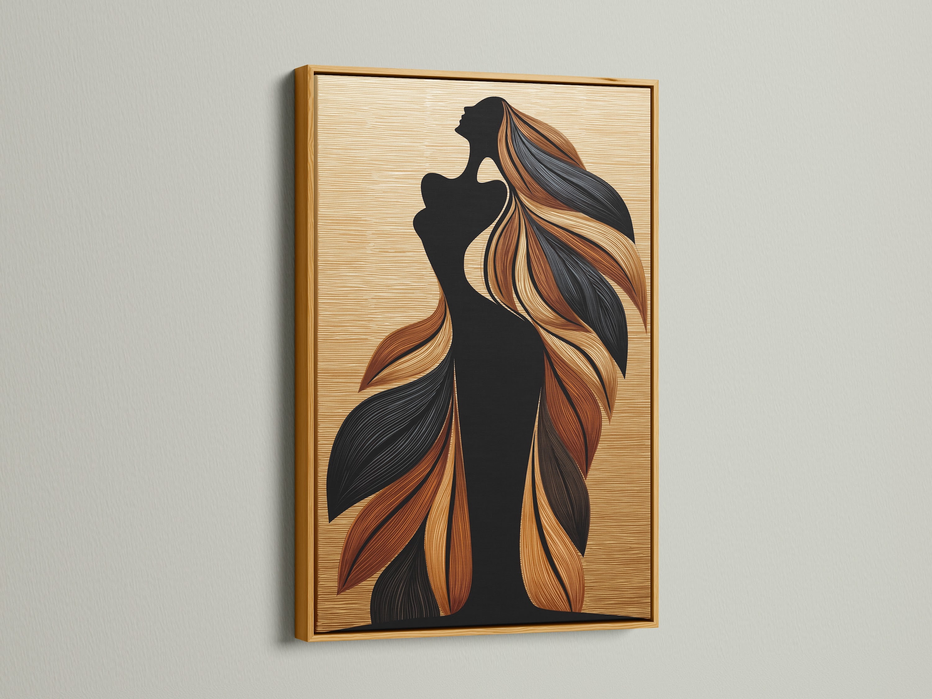 A gold frame enhances the woman silhouette art print. The flowing hair and bohemian figure create a luxurious feel. This artwork is ideal for adding glamor to bedroom wall decor. The gold frame provides a touch of elegance. It complements both modern and eclectic styles. This artwork is ideal for minimalist and contemporary settings.