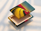 A stretched canvas print features the desert road artwork. The landscape canvas shows beautiful earth tones. This abstract wall art is a modern addition to any room. The golden yellow road and horizon print are eye-catching. Perfect for living room wall art or office art. Enhance your space today.