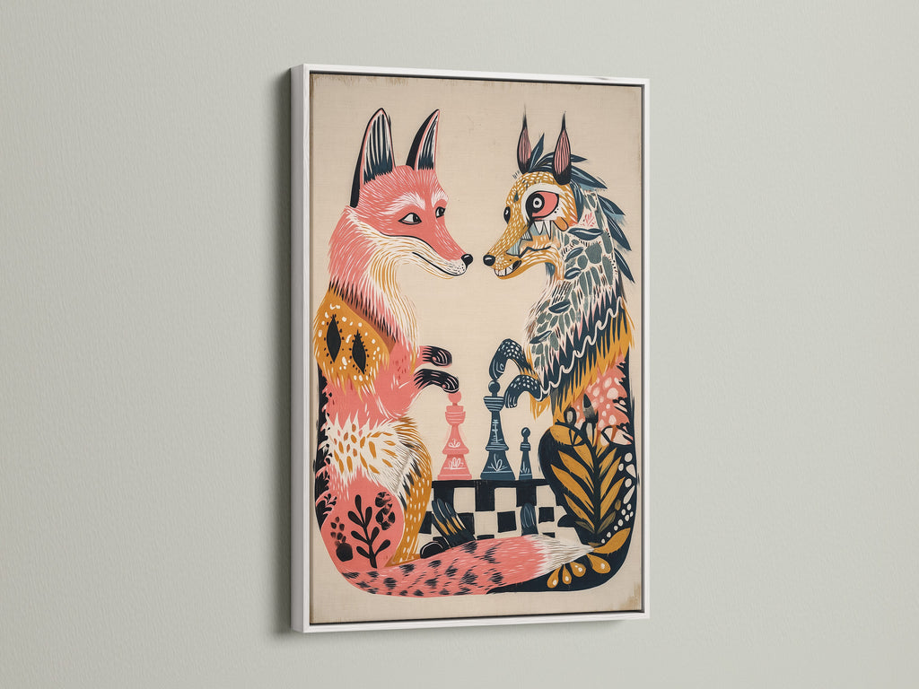 Fox chess game artwork is showcased in a clean white frame. This kids room art adds a bright and cheerful touch. The animal artwork is perfect for a playroom. It enhances a Scandinavian-style interior.