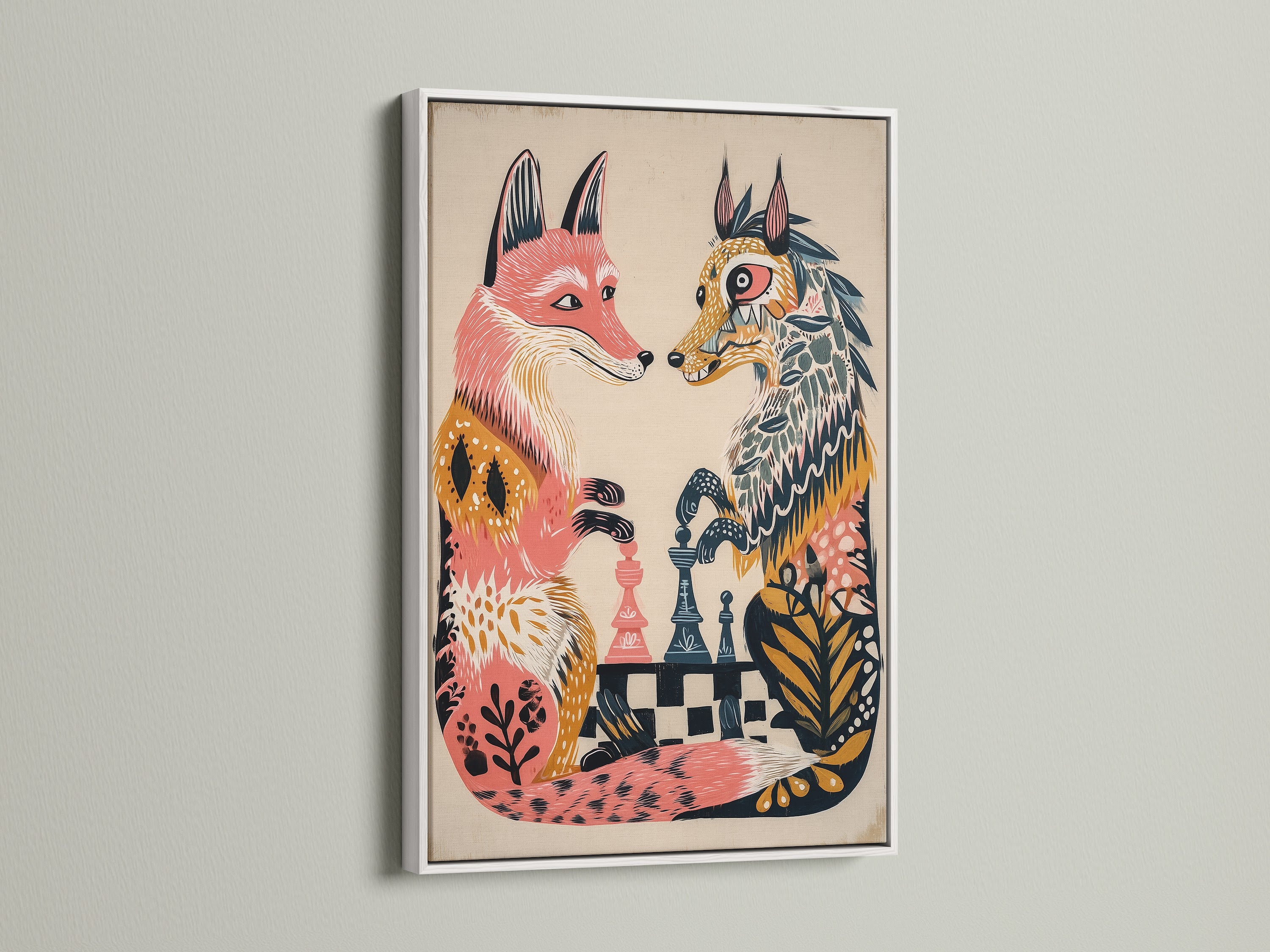 Fox chess game artwork is showcased in a clean white frame. This kids room art adds a bright and cheerful touch. The animal artwork is perfect for a playroom. It enhances a Scandinavian-style interior.
