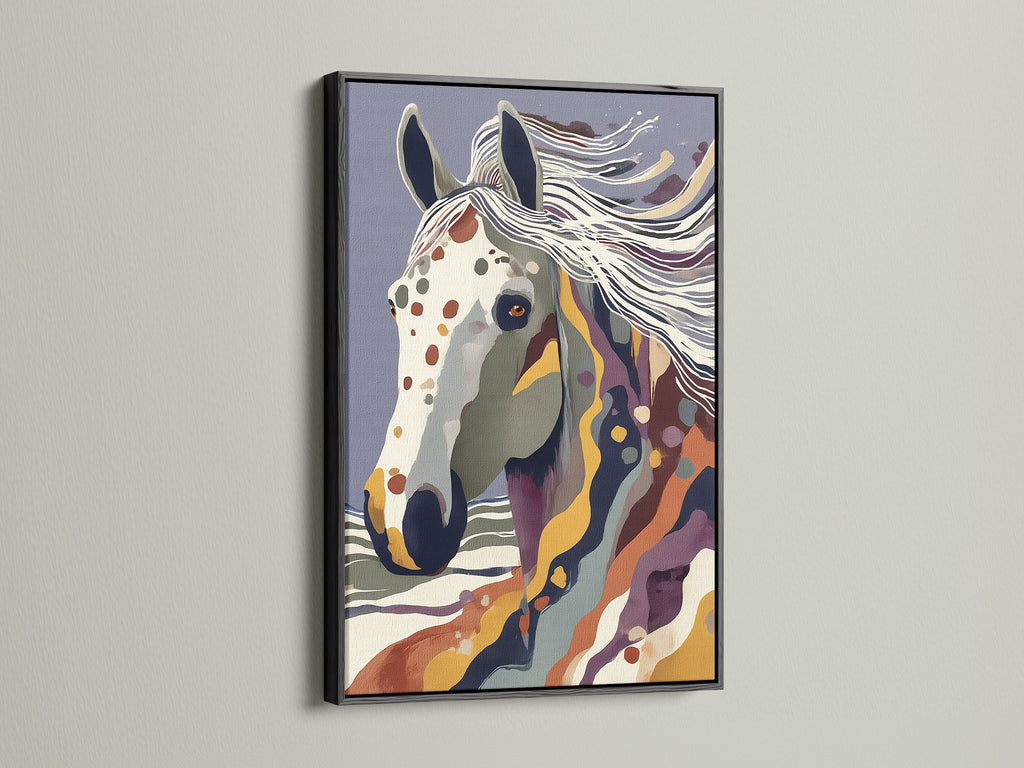 The abstract horse artwork is striking in a black frame. The dark frame provides a bold contrast. It accentuates the colorful details of the modern animal art. Perfect for creating a focal point in any room this artwork blends seamlessly with eclectic styles.