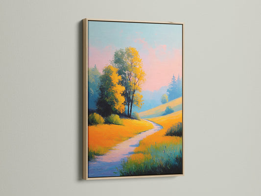 Experience the charm of this golden meadow path artwork displayed in an oak frame. This art piece brings a touch of rustic elegance to any space. The warm tones of the autumn landscape create a cozy and inviting atmosphere. Add this nature canvas art to your home today.