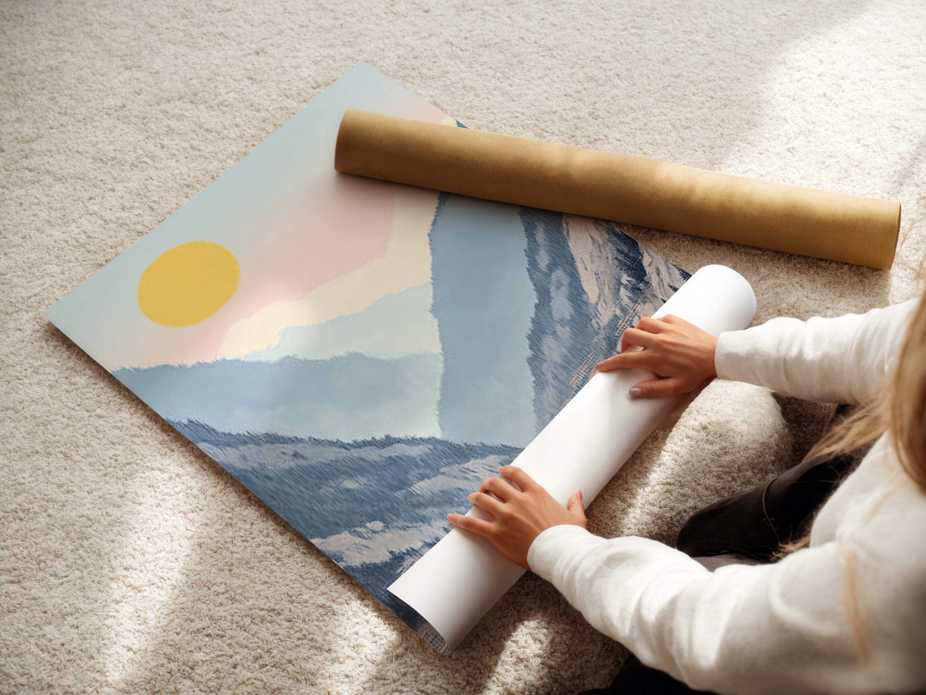 A woman is carefully rolling a fine art poster paper. This showcases the quality and care in handling our artwork. Our mountain lake art and serene valley landscapes are printed on premium materials. Perfect for creating stunning wall decor in any space. Explore our pastel artwork.