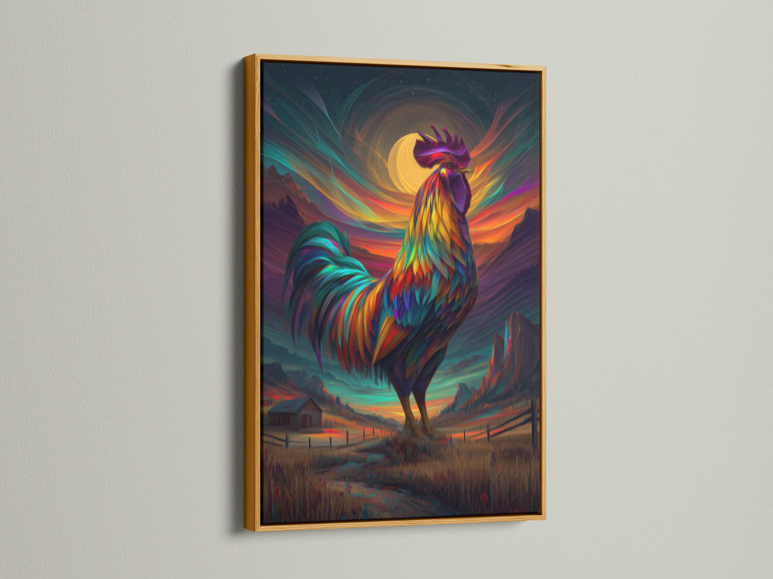 An eye-catching rooster artwork is beautifully presented in a gold frame. This farm animal print adds a touch of luxury to your walls. The colorful rooster art enhances any space with its vibrant teal and orange swirls. Ideal for eclectic styles.