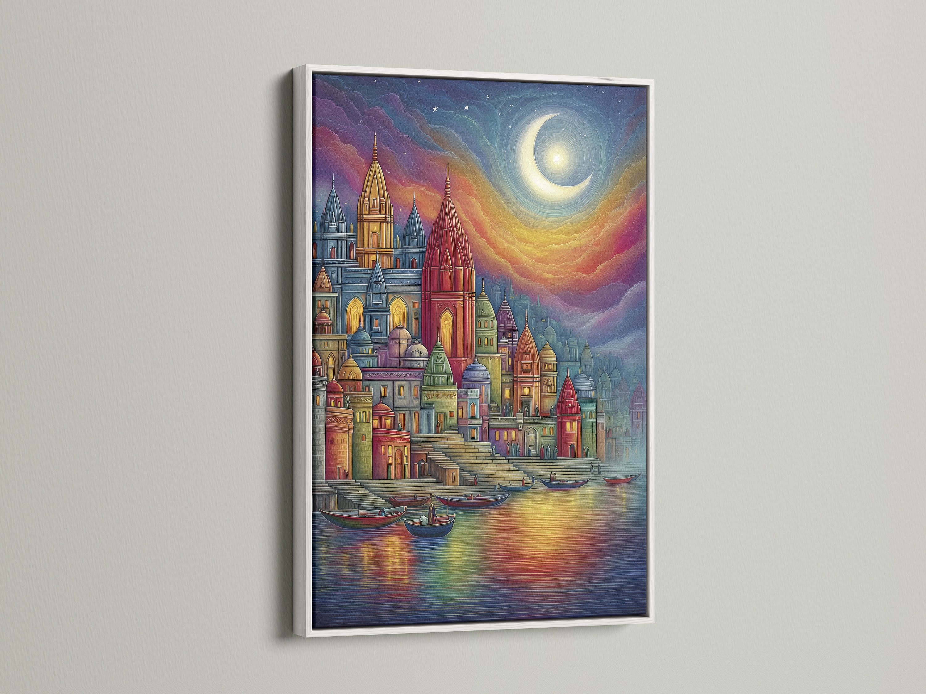 Fantasy Castle Wall Art in a white frame. The colorful medieval architecture print is a vibrant piece. It creates a whimsical fairytale atmosphere. It elevates your home decor with castle artwork. This canvas enhances contemporary spaces.