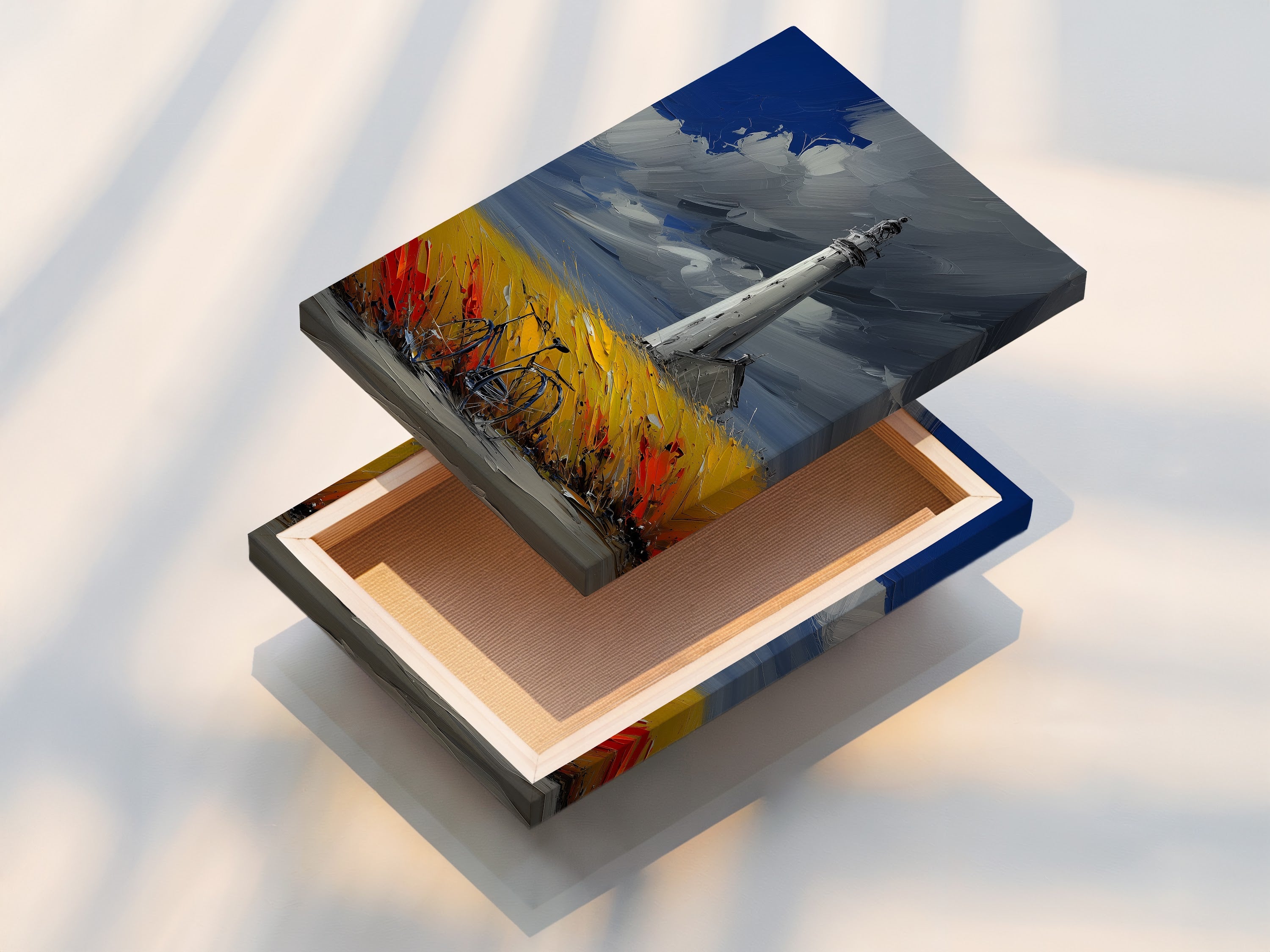 Stretched canvas print of a lighthouse. This stretched canvas print is ready to hang and enjoy. The artwork features a lighthouse with a bicycle in a field. The colors are rich and vibrant. This is a great option for adding a touch of coastal charm to your home. It is a perfect focal point for any room.