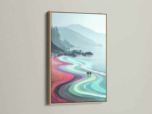 Coastal landscape artwork displayed in an oak frame. The turquoise ocean wall art adds a modern touch. Ideal seascape poster for bedroom wall decor. This beach landscape art complements coastal home art and beach house decor.
