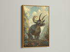 A triceratops artwork is highlighted by a luxurious gold frame. The gold frame adds a touch of opulence to the artwork. The frame enhances the artwork's beauty. This artwork is sure to catch the eye. It is a great focal point for any room.