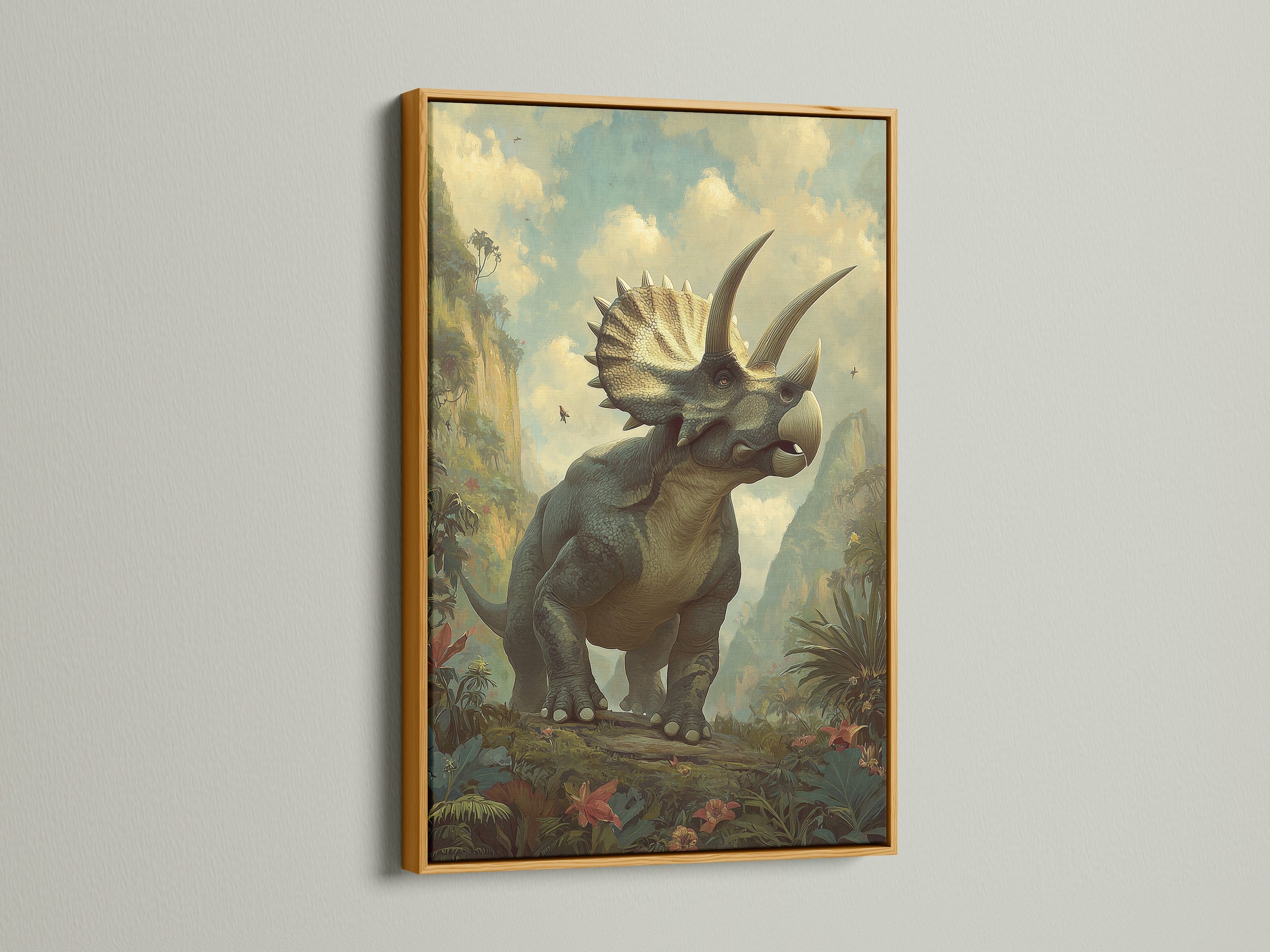 A triceratops artwork is highlighted by a luxurious gold frame. The gold frame adds a touch of opulence to the artwork. The frame enhances the artwork's beauty. This artwork is sure to catch the eye. It is a great focal point for any room.