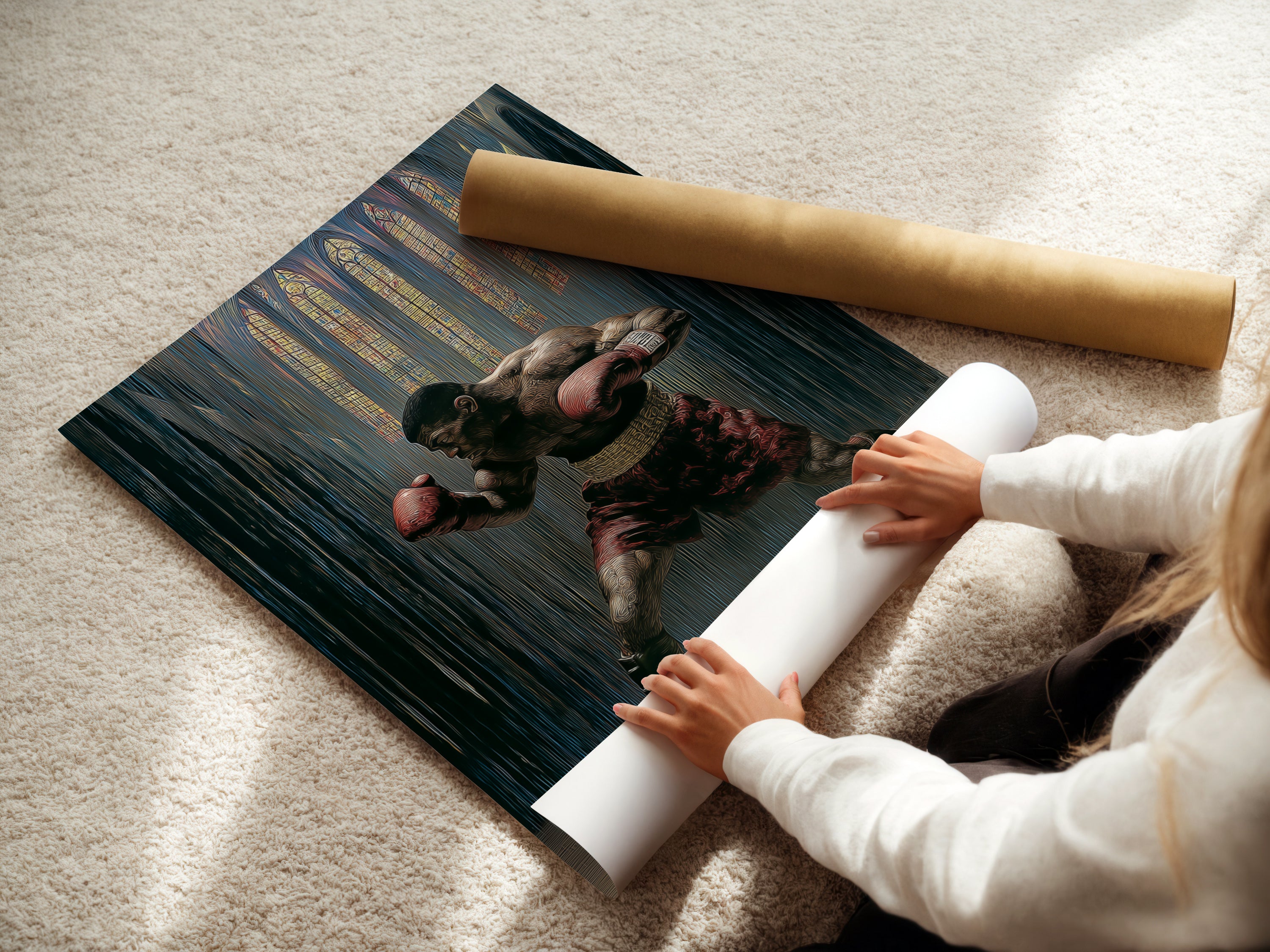 A woman is carefully rolling a fine art poster paper. Preparing vintage fighter wall art for display. This gothic sports print is perfect for man cave decor. Ensuring the boxing artwork arrives in perfect condition. Fine art poster paper enhances the artwork's quality. Ready to add to your sports room decor.