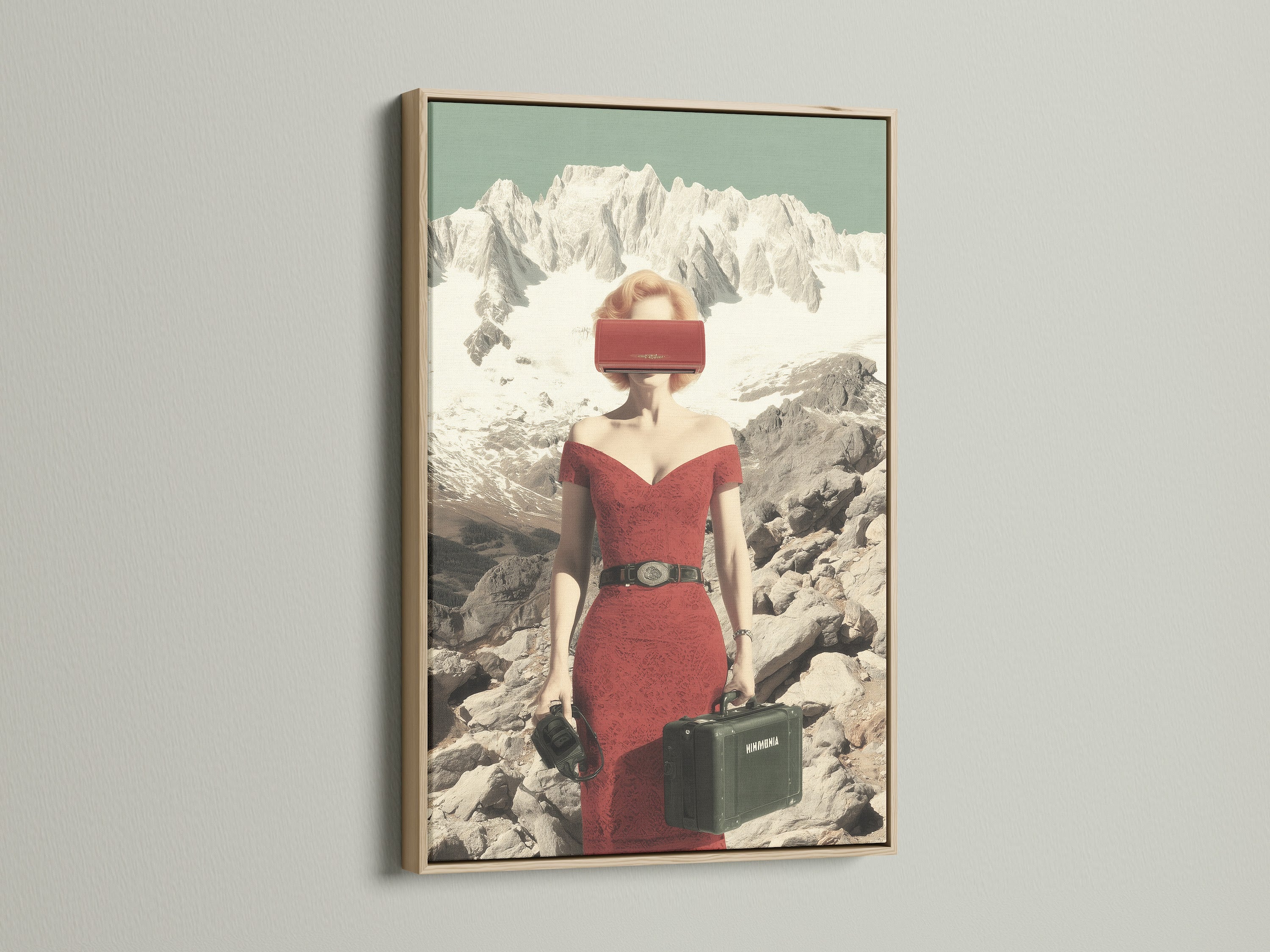 Vintage Travel Poster Print in an oak frame. The artwork features a surreal mountain landscape with a retro fashion woman. This canvas art adds art deco flair to any room. Ideal for living rooms bedrooms and offices. Enhance your home decor with this vintage poster art.