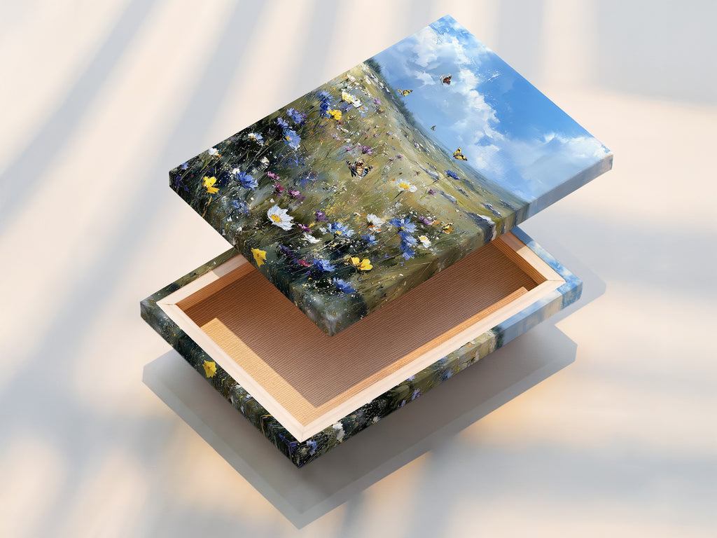This is a stretched canvas print of the Wildflower Meadow. It features butterfly field wall art. It brings a blue sky landscape painting to any room. This is perfect wall decor for living rooms and bedrooms.