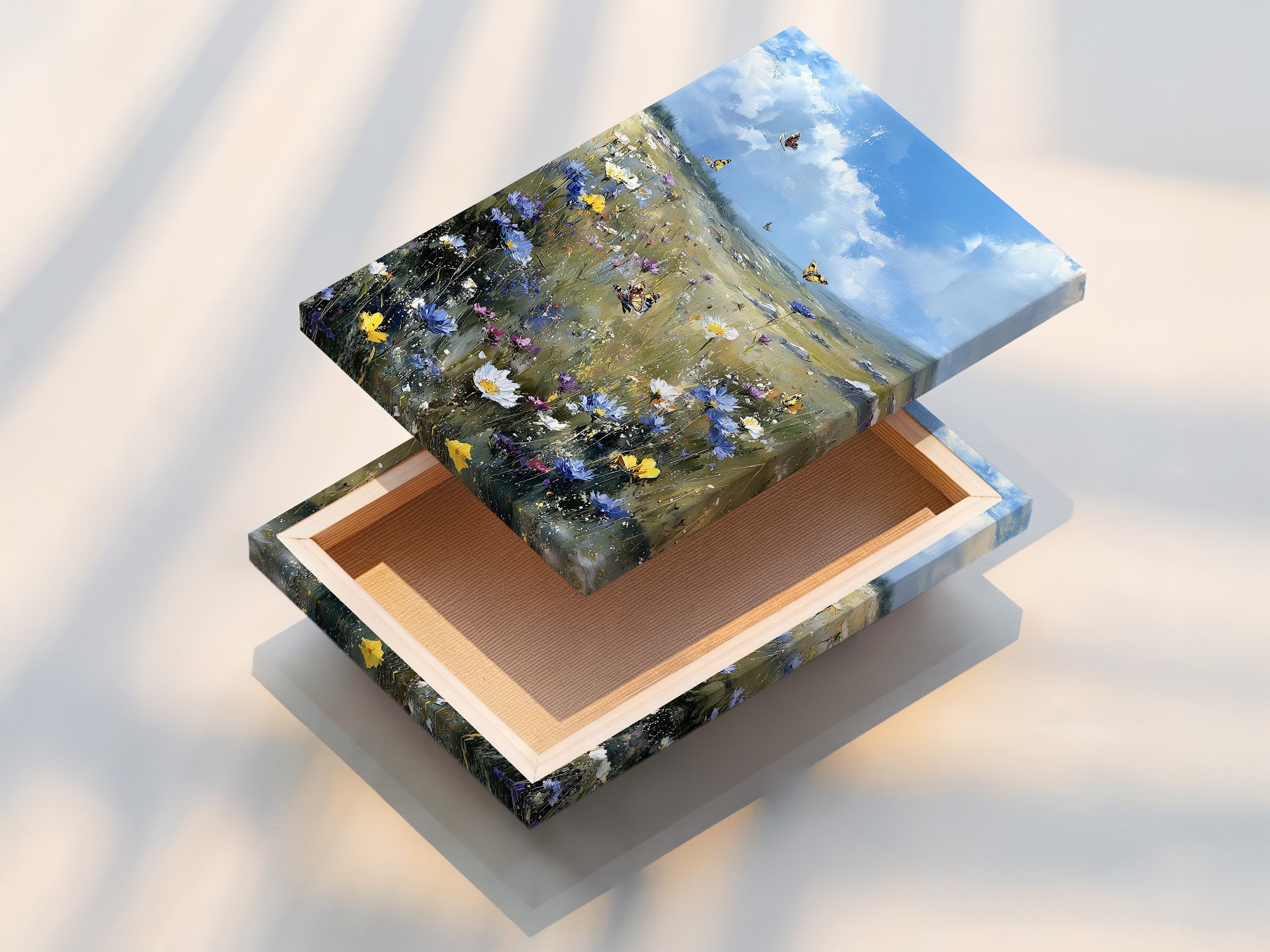 This is a stretched canvas print of the Wildflower Meadow. It features butterfly field wall art. It brings a blue sky landscape painting to any room. This is perfect wall decor for living rooms and bedrooms.