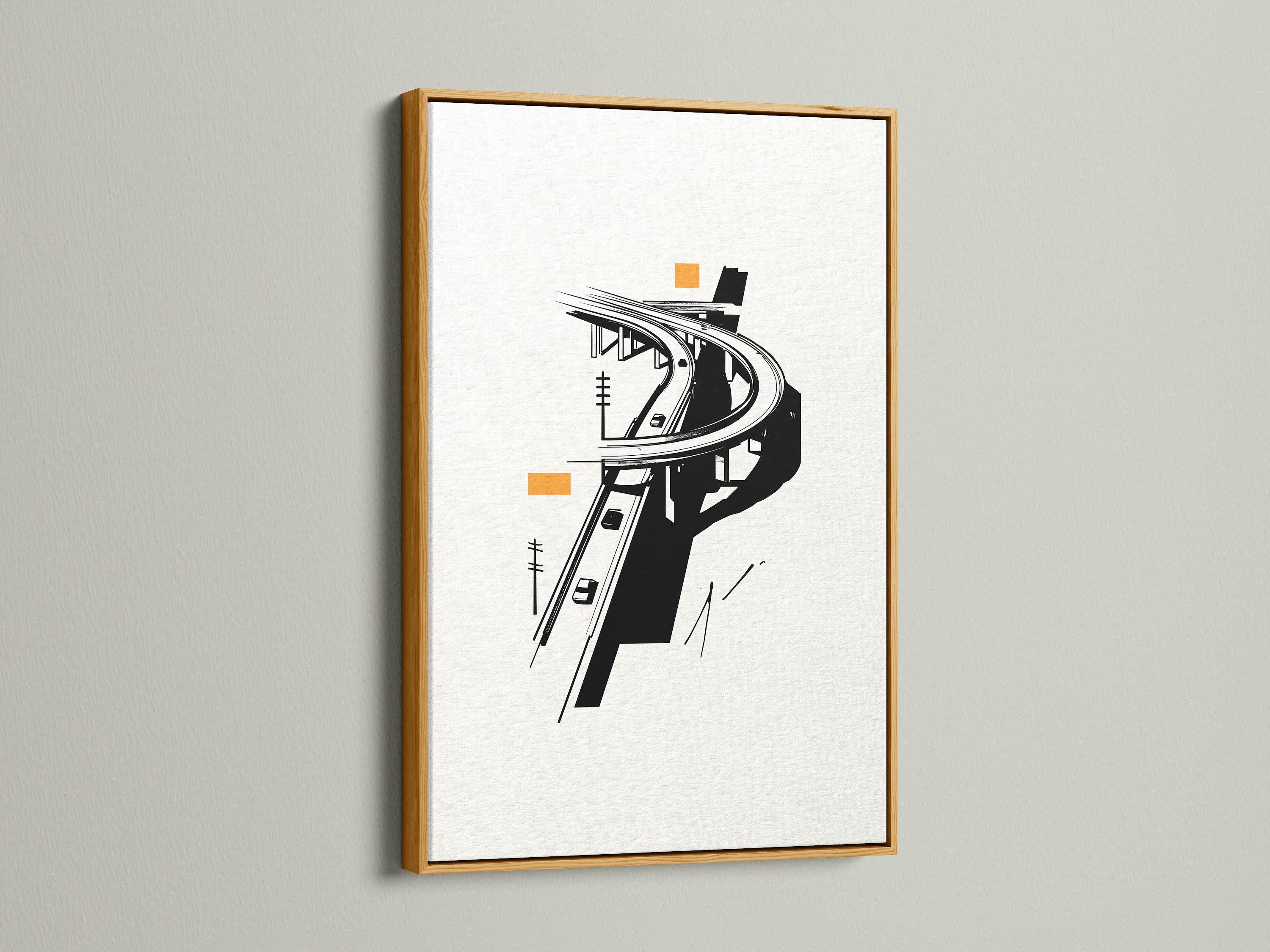 The Highway Overpass artwork is beautifully displayed in a gold frame. This modern art print adds sophistication to any space. The urban minimalist wall art enhances office decor. The black and white cityscape canvas offers a unique architectural artwork.  It is ideal for contemporary spaces.
