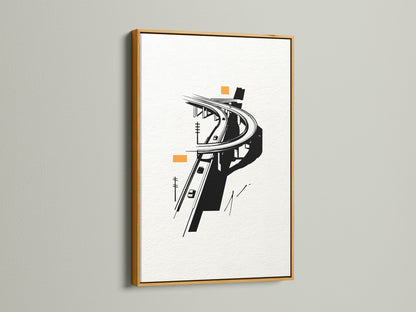 The Highway Overpass artwork is beautifully displayed in a gold frame. This modern art print adds sophistication to any space. The urban minimalist wall art enhances office decor. The black and white cityscape canvas offers a unique architectural artwork.  It is ideal for contemporary spaces.