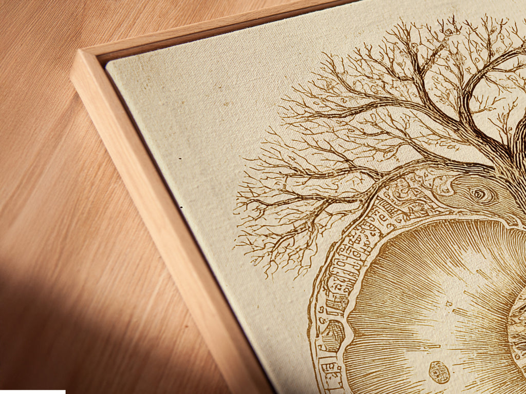 Angled close up of a canvas print in a floating frame. The floating frame gives a modern look. The artwork features a tree and eye artwork. The canvas print is high quality. The floating frame enhances the art. Perfect for contemporary spaces.