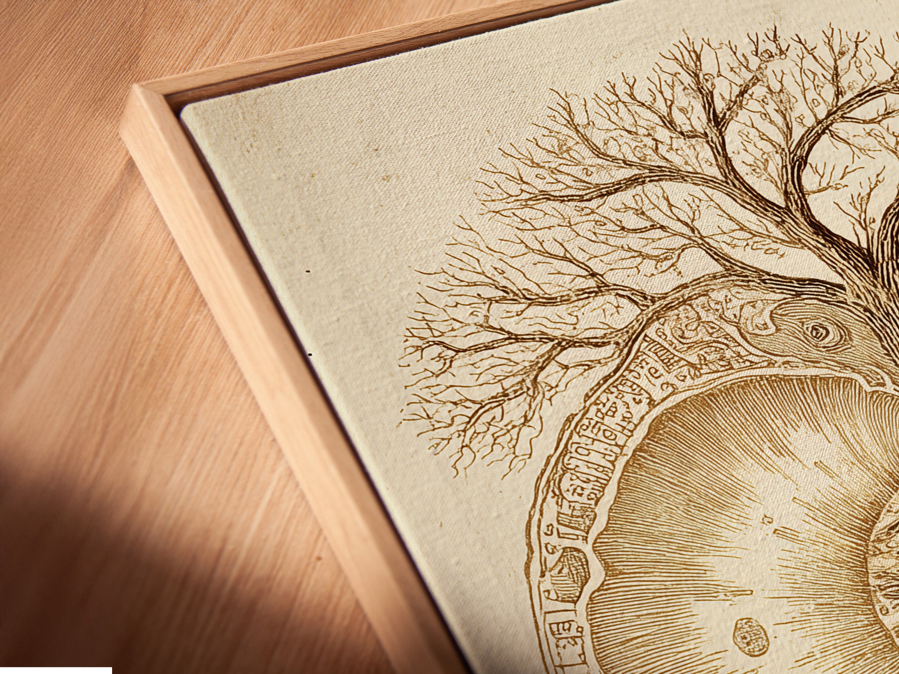 Angled close up of a canvas print in a floating frame. The floating frame gives a modern look. The artwork features a tree and eye artwork. The canvas print is high quality. The floating frame enhances the art. Perfect for contemporary spaces.