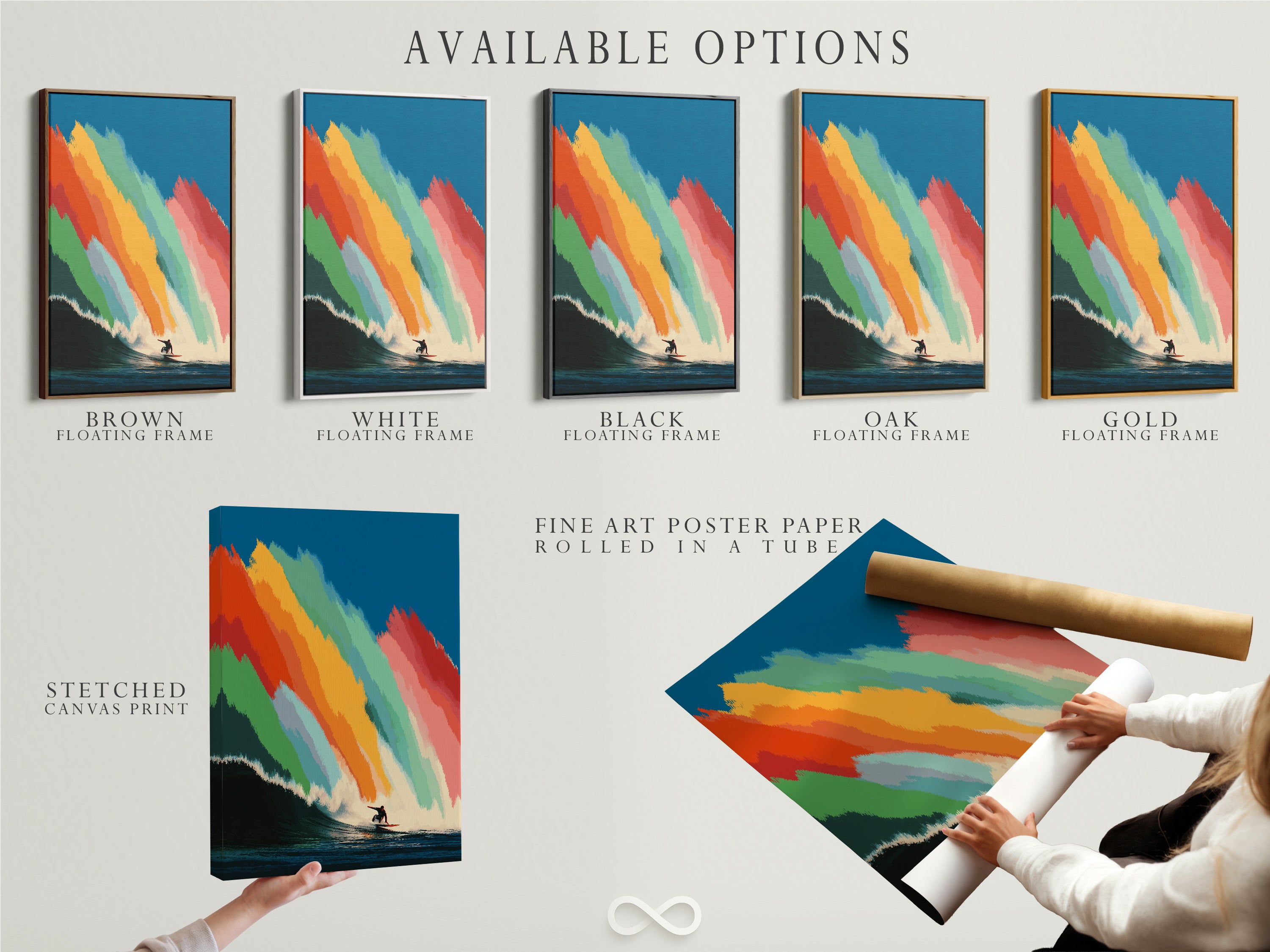 Explore available options for surfer wall art including stretched canvas prints fine art poster paper and floating frames. Find the perfect style to match your taste and decor. These options offer versatility for any space. Create a personalized beach-inspired look with your artwork.