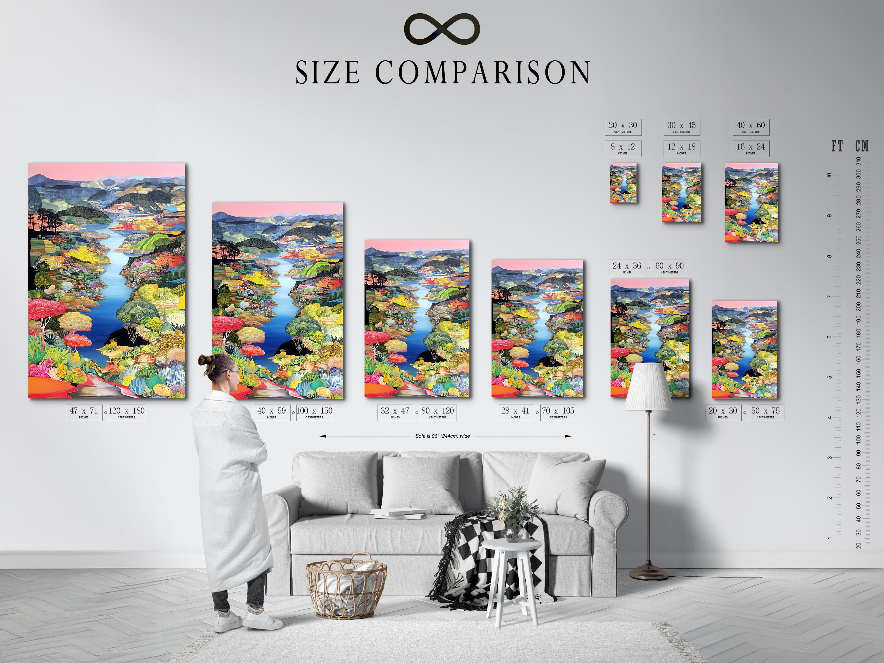 A size comparison chart is displayed in an interior setting. Choose the perfect size for your colorful landscape artwork. Our modern nature artwork fits any space. We offer a variety of sizes for our vibrant art prints. Find the ideal home wall decor