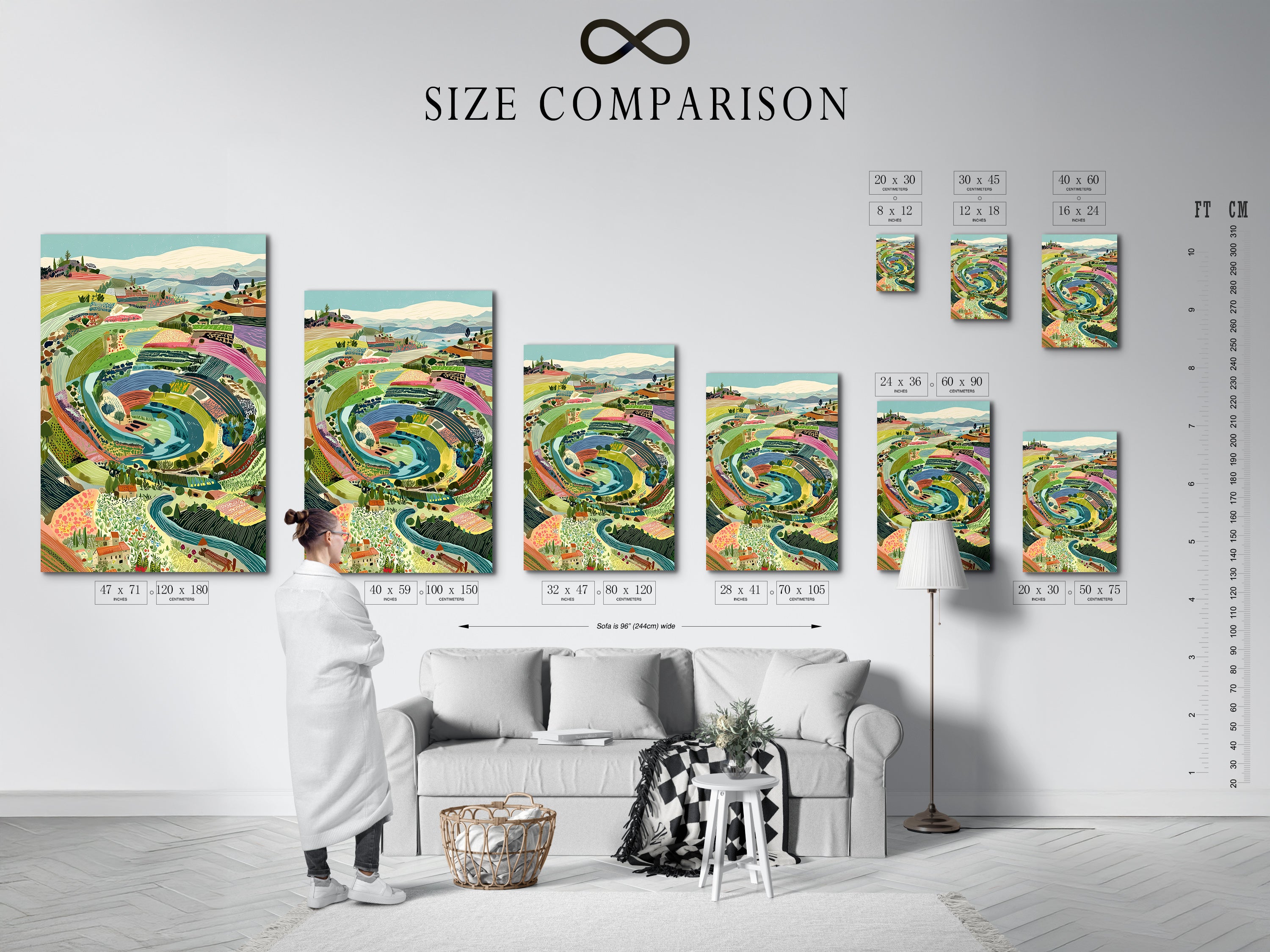 Size comparison chart in an interior setting. This Italian Landscape artwork provides a size comparison. The Tuscan countryside is the perfect farmhouse wall art. A colorful artwork for your kitchen.