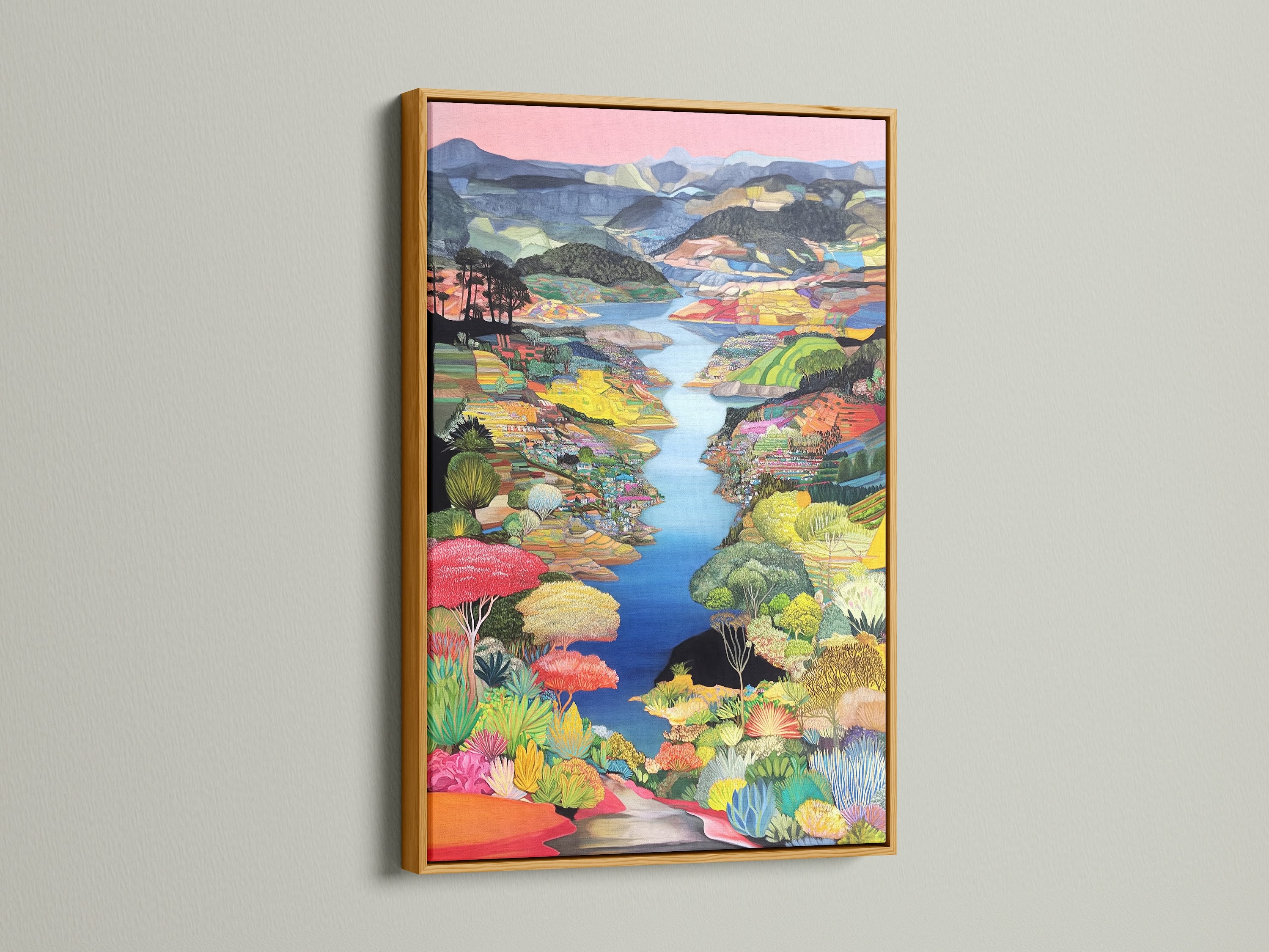 The photo shows a colorful landscape artwork in a gold frame. The whimsical decor enhances any room. This modern artwork is perfect for a stylish home. The vibrant art print adds a touch of elegance. Its scenic landscape makes a stunning statement