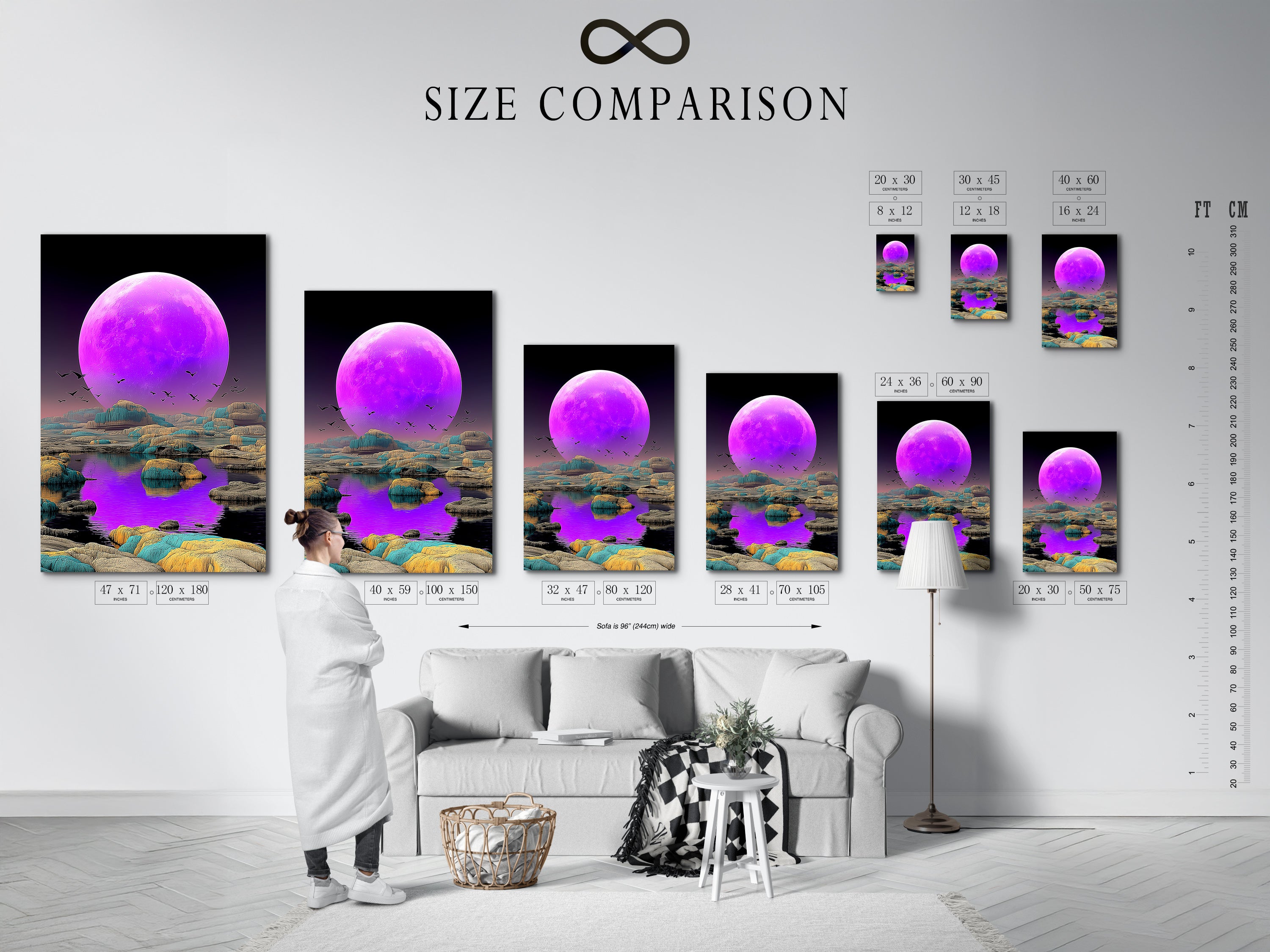 Size comparison chart for celestial moon art in an interior setting. Visualize the perfect fit for your space. Choose from various sizes of this purple lunar canvas. Enhance your home with modern fantasy art.