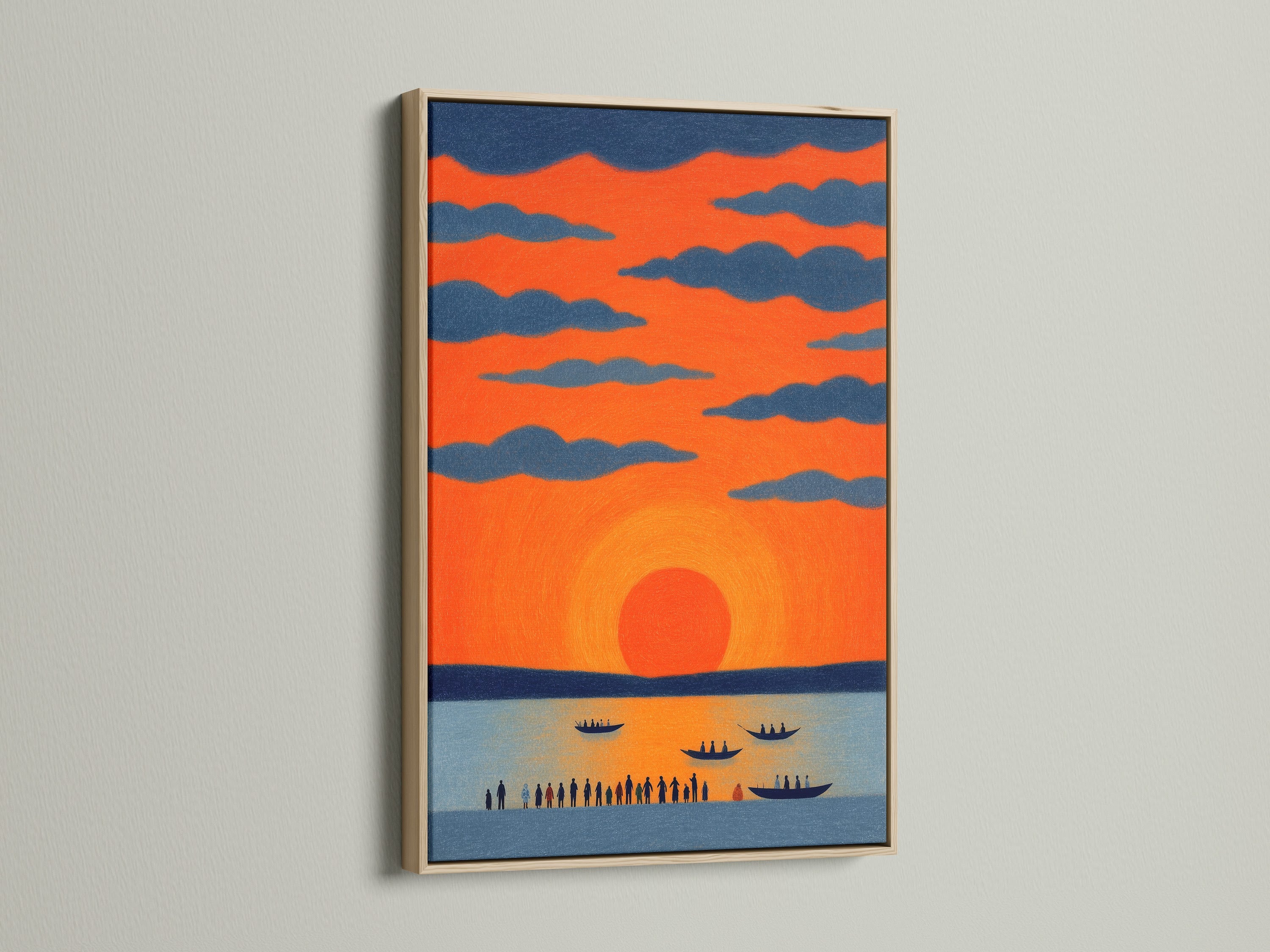The sunset seascape artwork is showcased in an oak frame. This coastal art print adds warmth to any room. Ideal for homeowners renters and interior decorators seeking minimalist Scandinavian or coastal styles.