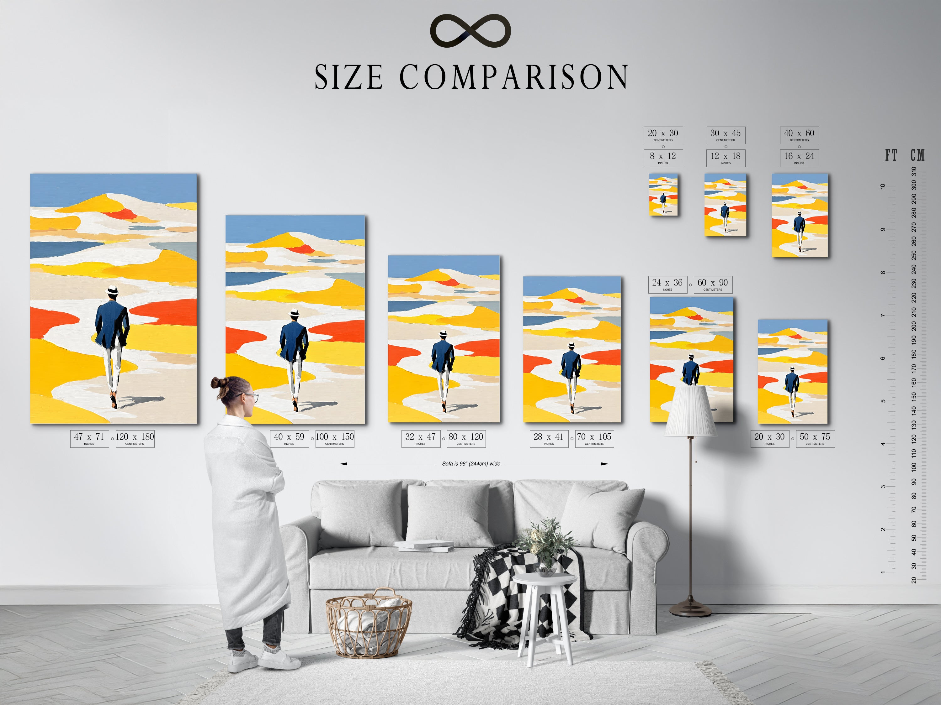 Size comparison chart in an interior setting. Visualize the perfect size for your abstract figure art print. See how different sizes complement your wall decor. Find the ideal fit for your modern minimalist artwork.
