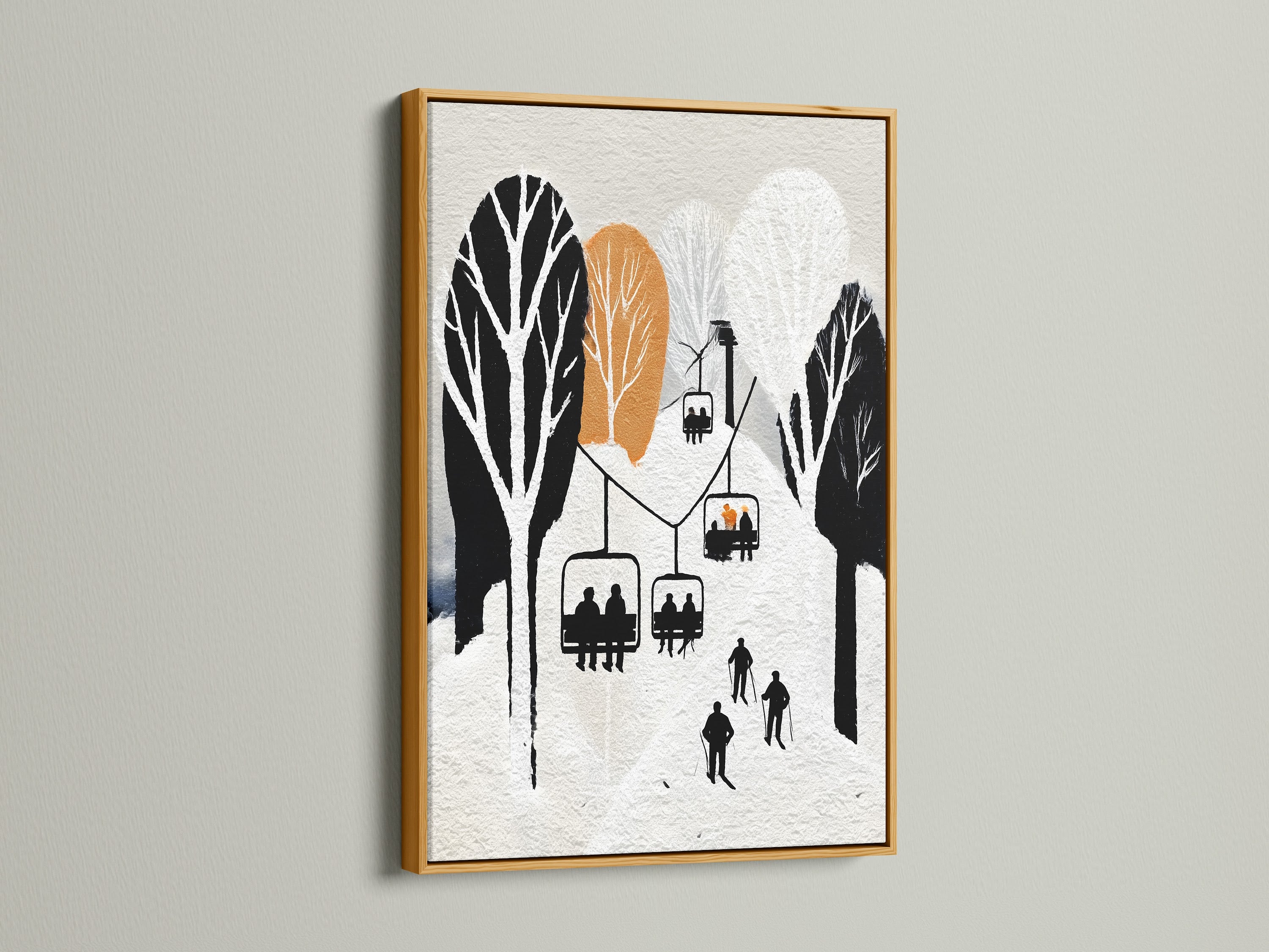 A ski lift artwork is presented in a gold frame. This winter mountain wall decor brings a vintage ski resort poster charm to cabin spaces. The snowy alpine art enhances lodge styles. It's great minimalist artwork for homeowners renters and interior designers alike.