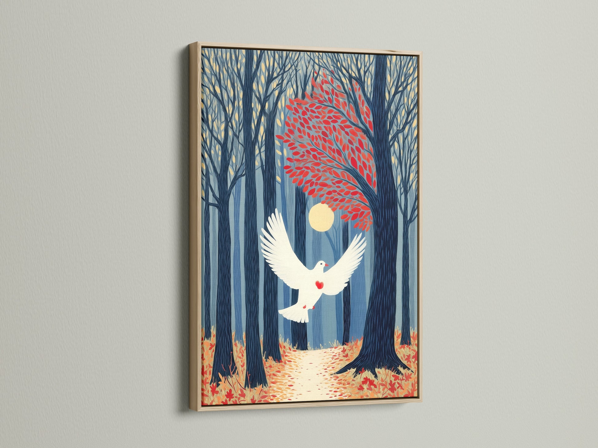 Dove in Forest canvas print displayed in an oak frame. The artwork features a tranquil nature scene with autumn colors. Ideal for minimalist Scandinavian or eclectic styles. Perfect for adding peace to any room.