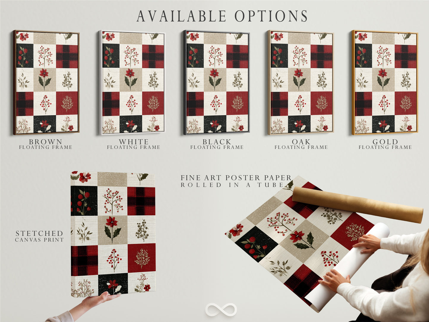 Available options for artwork are displayed. These options include a stretched canvas print. Another option is fine art poster paper. The last option is a floating frame. Choose the perfect option to complement your space.