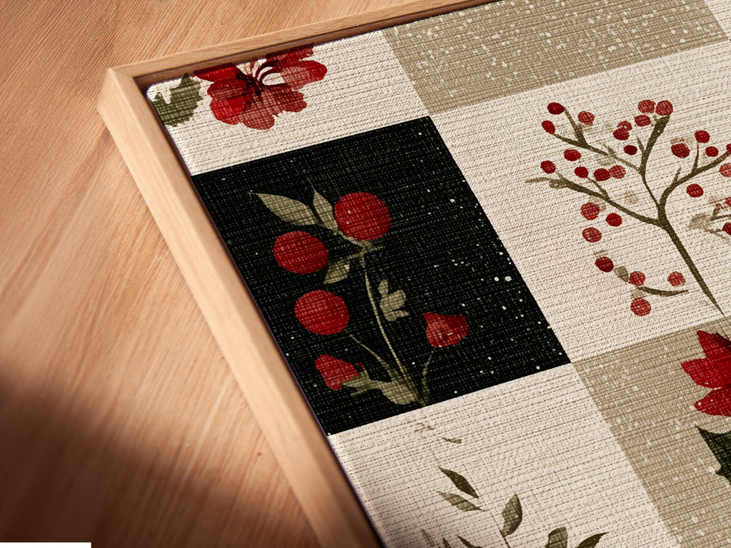 A canvas print is displayed in a floating frame. The artwork is a grid pattern of floral artwork. Each square contains unique floral artwork. Some squares have plaid artwork on them. This is a close-up of the artwork on a wall.