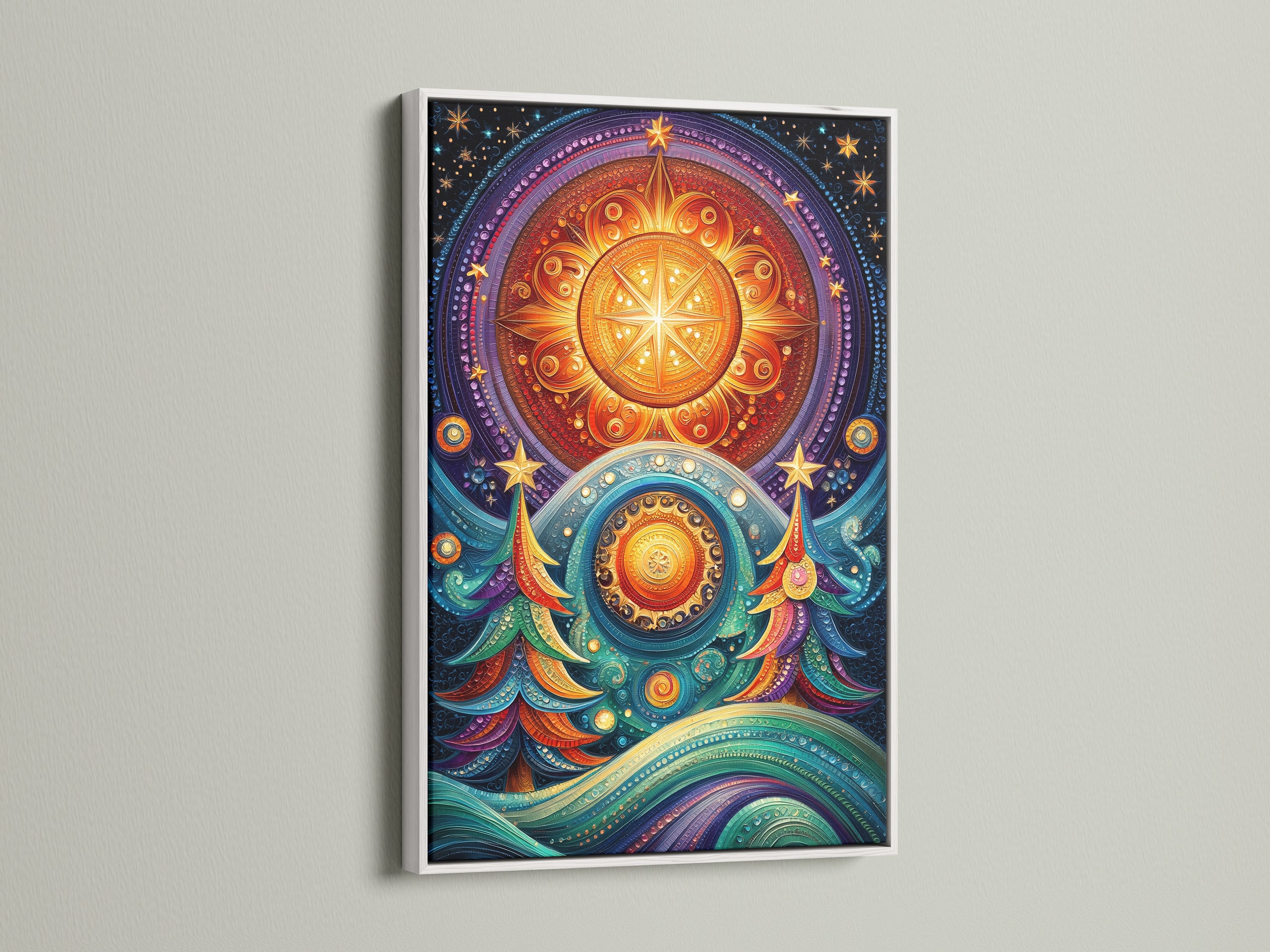 Boho Mandala Wall Art featuring a celestial tree in a white frame. This artwork has colorful starry night details. A perfect meditation decor piece. The print adds a vibrant touch to any bohemian themed room. Enhance your space with this cosmic canvas.