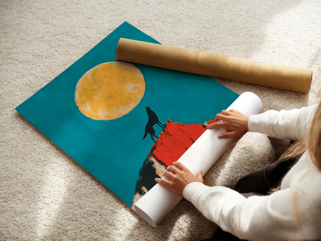 A woman carefully rolls a fine art poster paper. The Wolf Moon artwork is printed on high-quality material. This southwestern desert wall art is ready for framing. Teal and orange colors create a vibrant display. Preserve the beauty of this animal artwork.