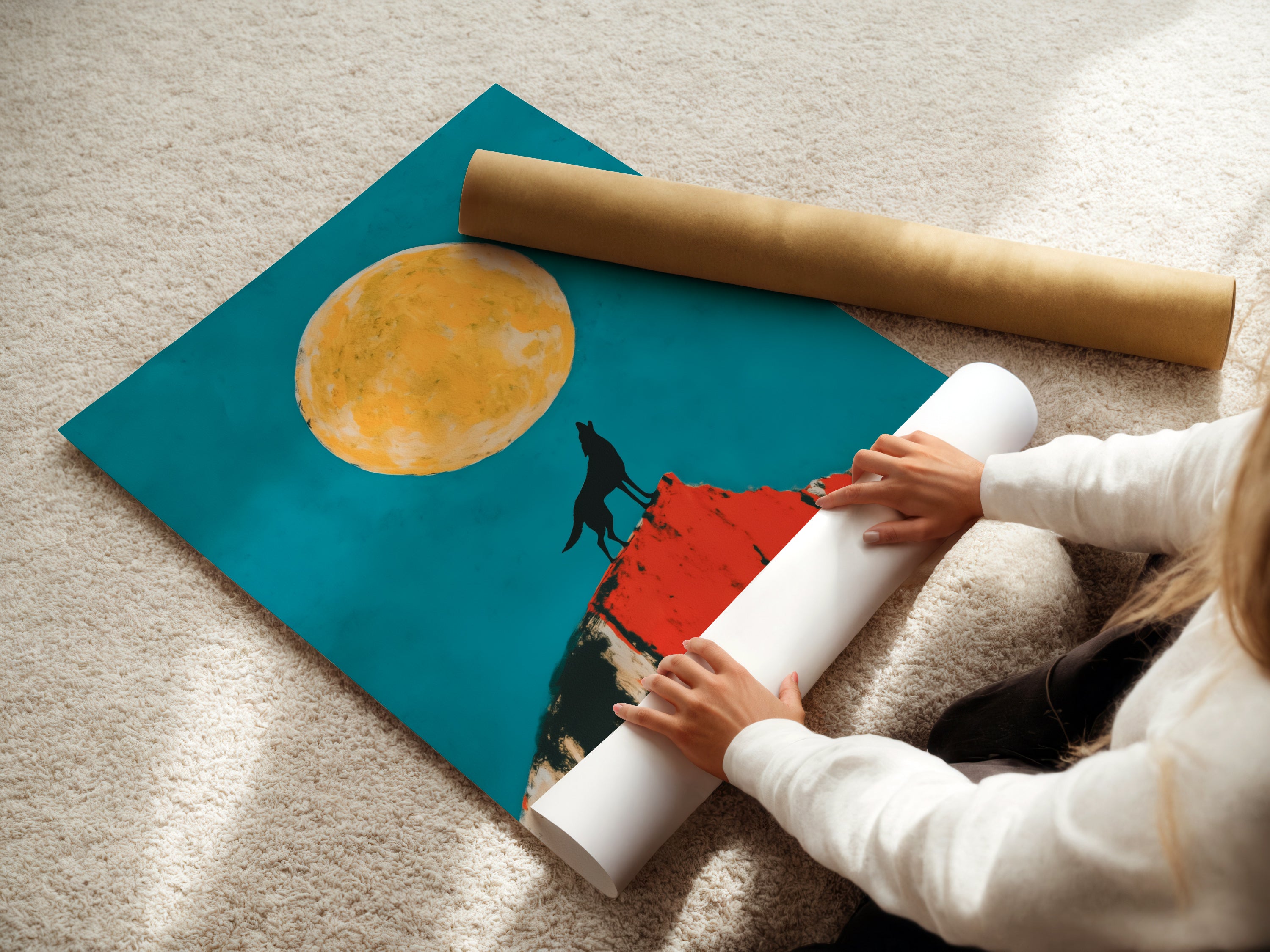 A woman carefully rolls a fine art poster paper. The Wolf Moon artwork is printed on high-quality material. This southwestern desert wall art is ready for framing. Teal and orange colors create a vibrant display. Preserve the beauty of this animal artwork.
