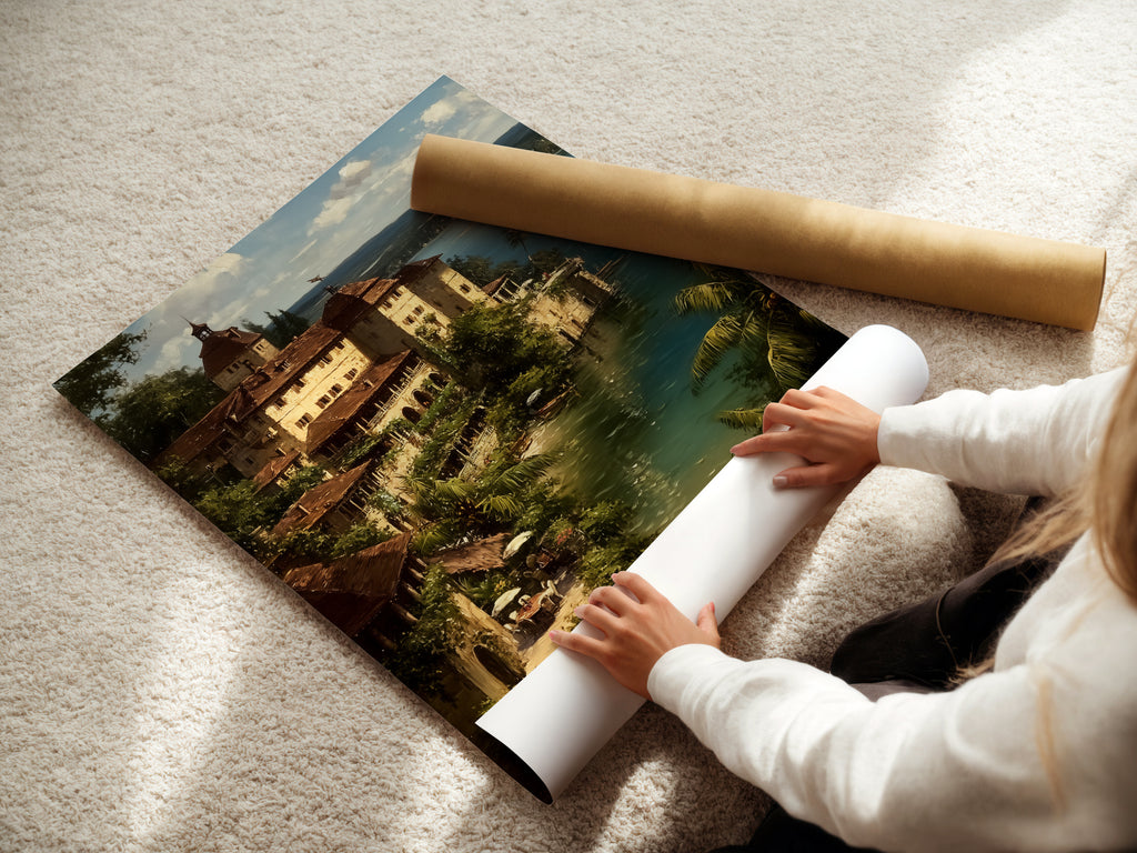 A woman expertly rolls a fine art poster paper. She is preparing a Mediterranean Sea wall art print. This high-quality paper ensures vibrant colors and lasting beauty. Ideal for vintage travel prints and coastal artwork collections.