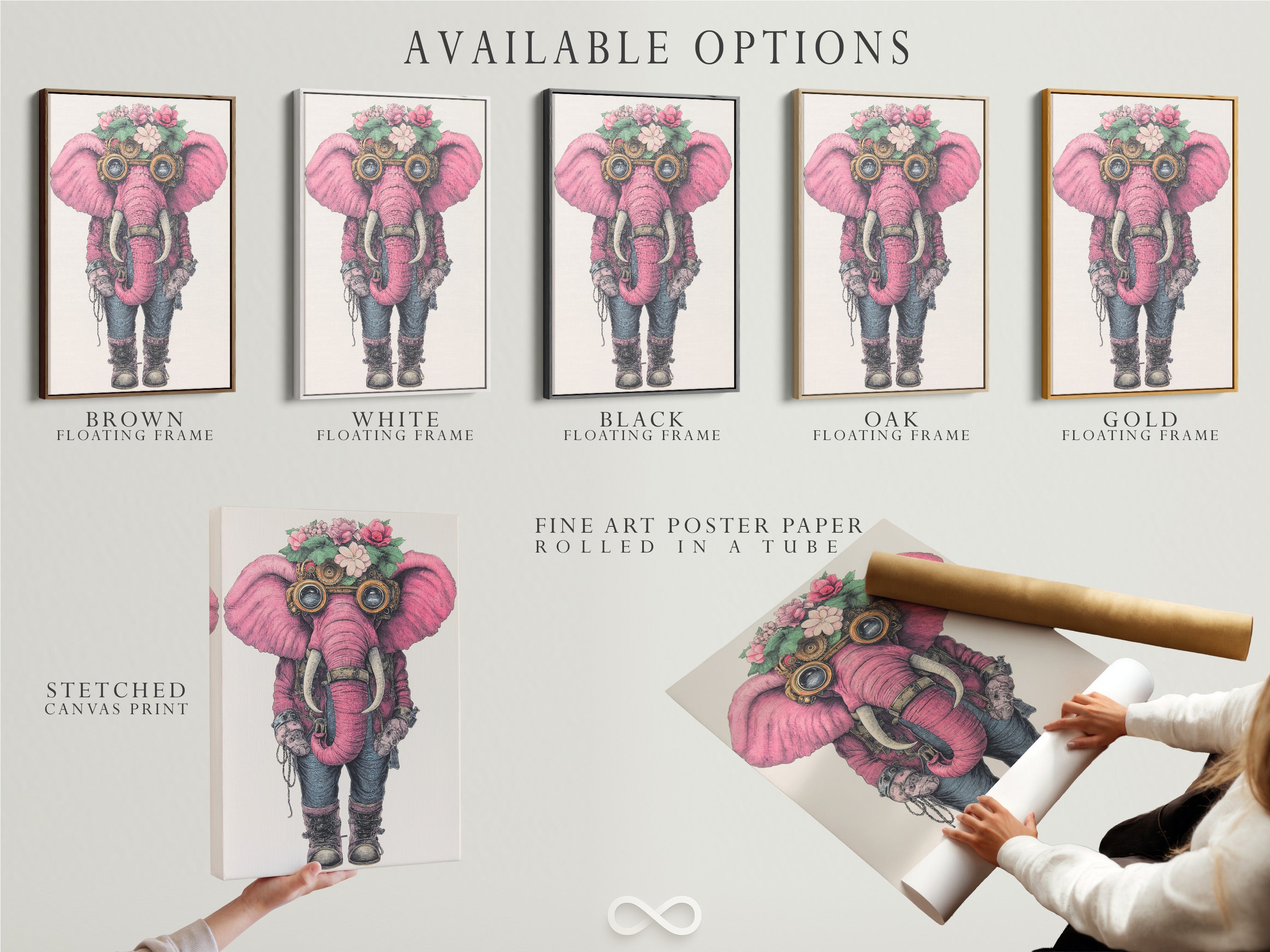 Explore available options for steampunk elephant art. Choose from stretched canvas prints fine art poster paper and floating frames. The pink elephant artwork is perfect for nursery decor and whimsical spaces.