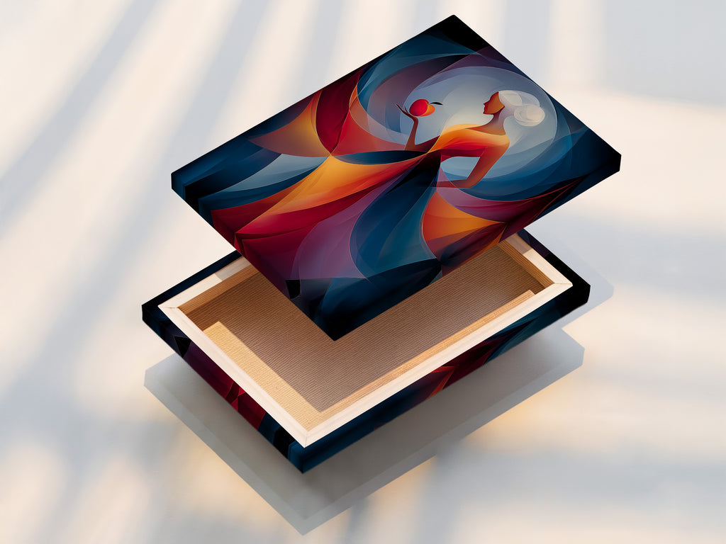 This is a stretched canvas print ready to hang. The artwork features a woman holding a red apple. The stretched canvas offers a gallery like appearance. It transforms any art into a masterpiece.