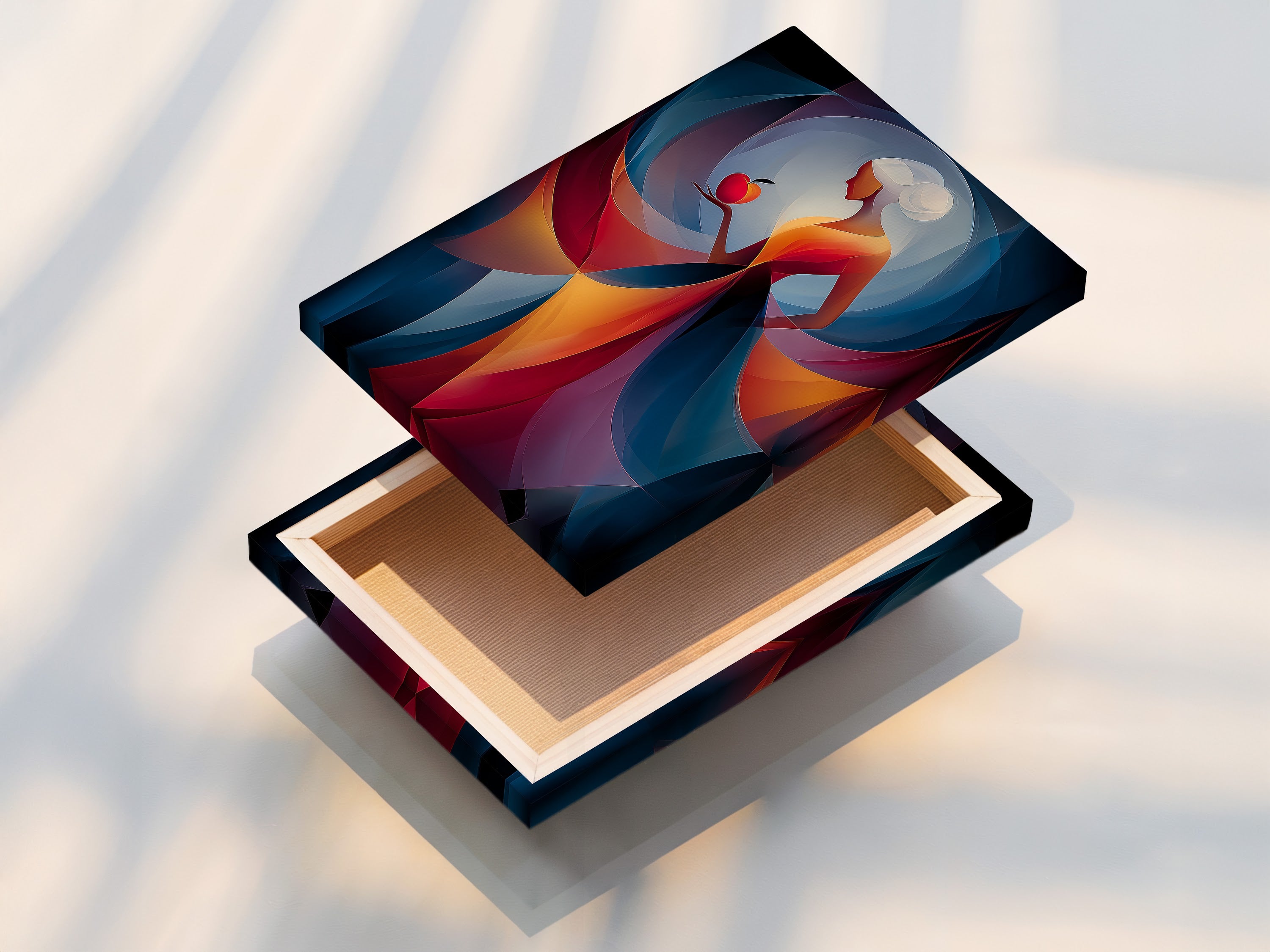 This is a stretched canvas print ready to hang. The artwork features a woman holding a red apple. The stretched canvas offers a gallery like appearance. It transforms any art into a masterpiece.